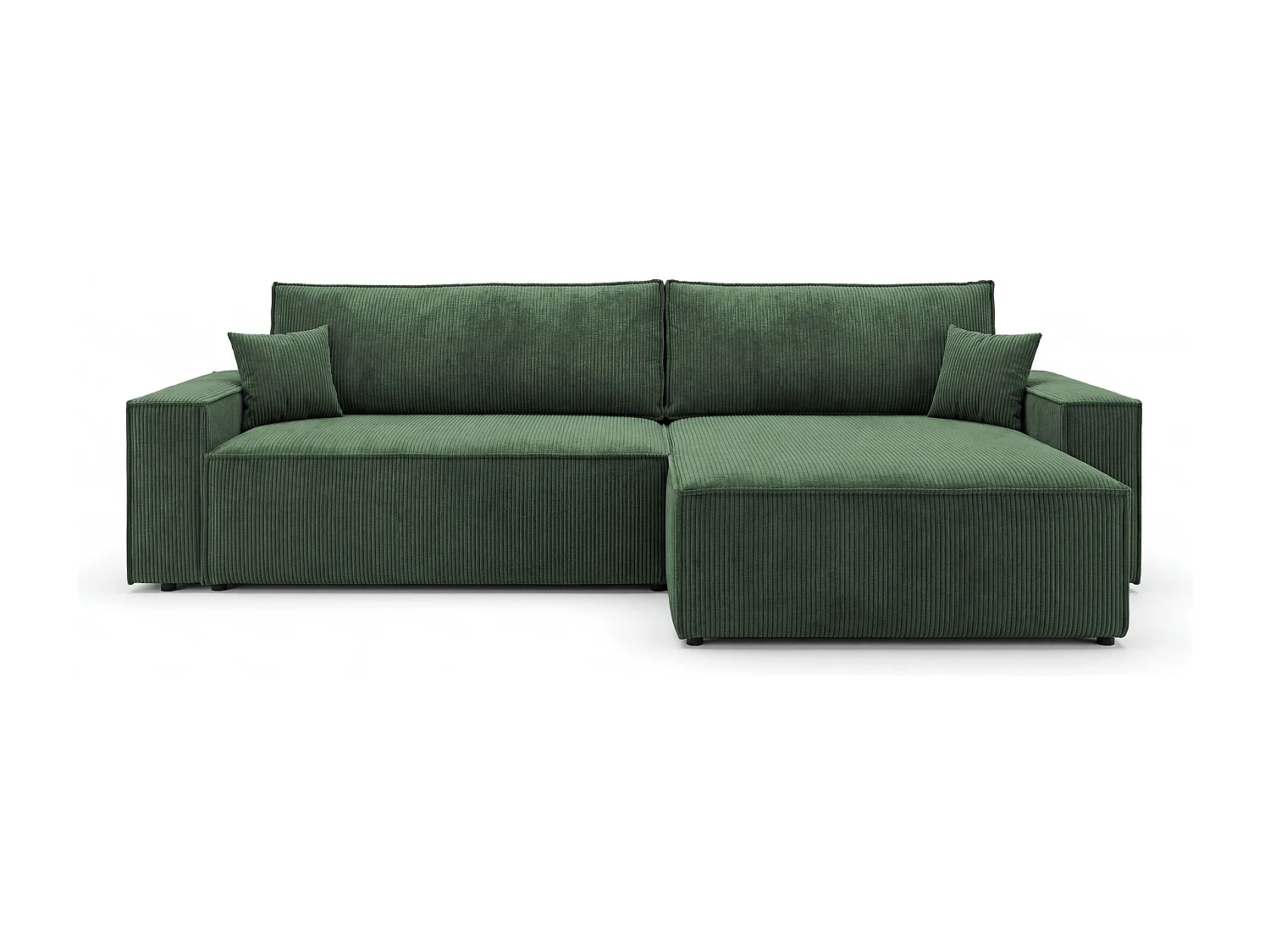 Canapé d'angle VIENNA droit vert velours côtelé Poso 14 - fonction couchage, coffre à literie
