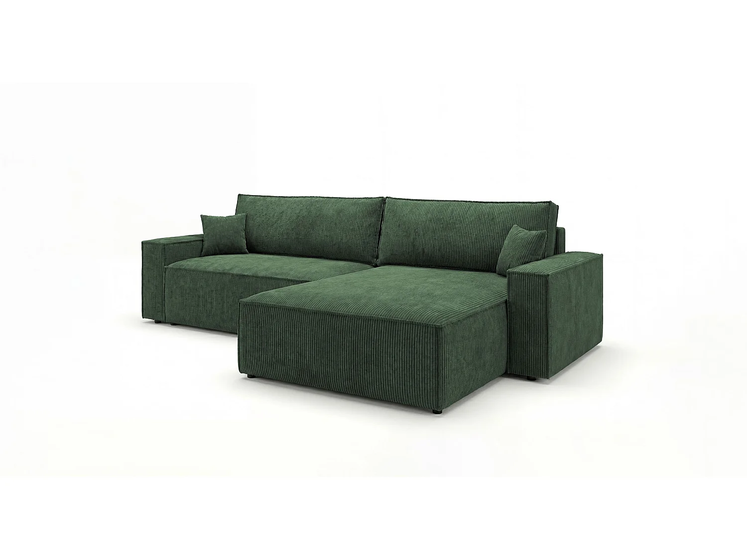 Canapé d'angle VIENNA droit vert velours côtelé Poso 14 - fonction couchage, coffre à literie