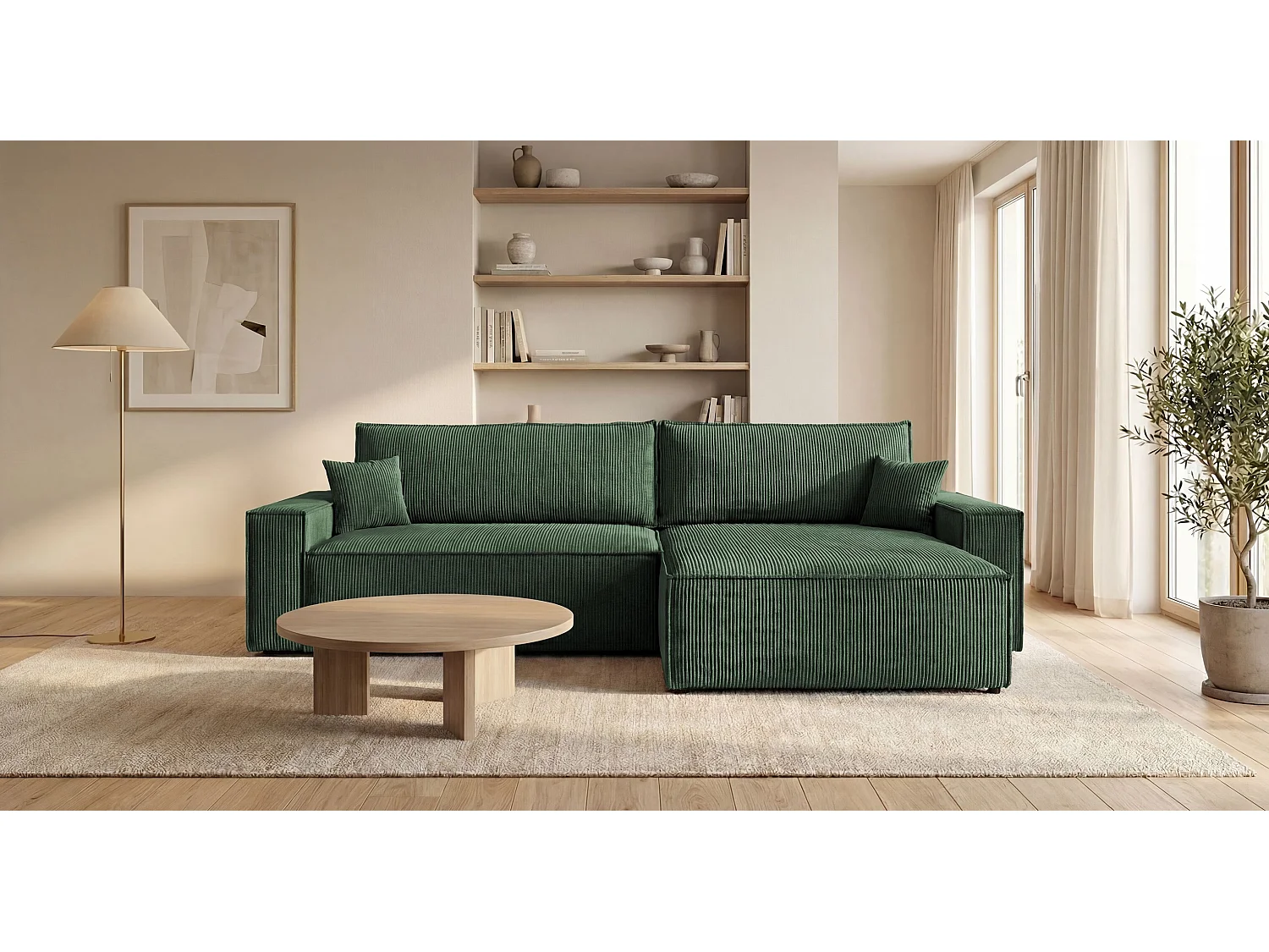 Canapé d'angle VIENNA droit vert velours côtelé Poso 14 - fonction couchage, coffre à literie