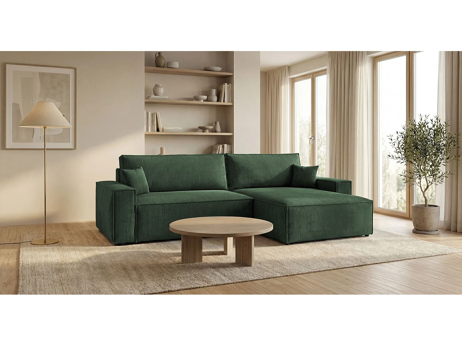Canapé d'angle VIENNA droit vert velours côtelé Poso 14 - fonction couchage, coffre à literie