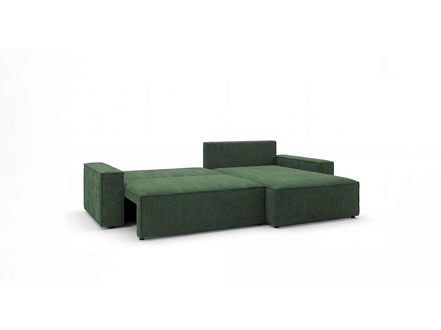 Canapé d'angle VIENNA droit vert velours côtelé Poso 14 - fonction couchage, coffre à literie