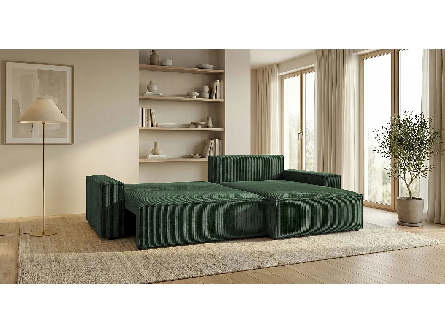 Canapé d'angle VIENNA droit vert velours côtelé Poso 14 - fonction couchage, coffre à literie