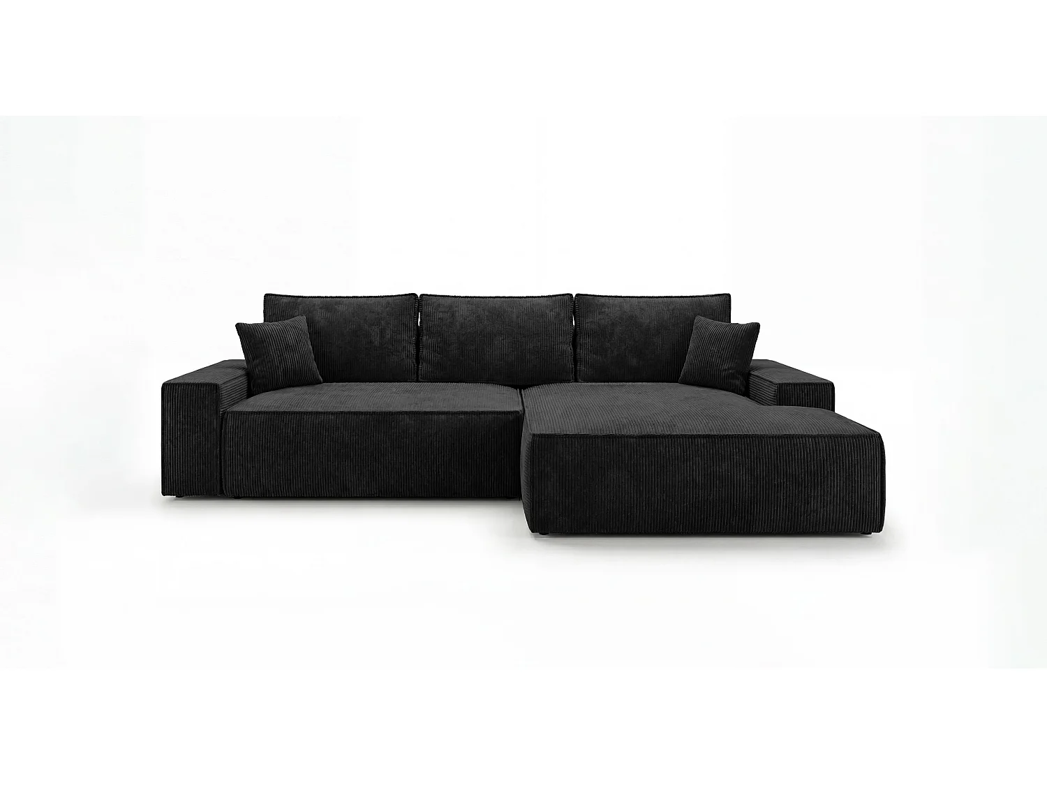 Canapé d'angle VERONA droit noir velours côtelé Poso 135 - fonction couchage, coffre à literie