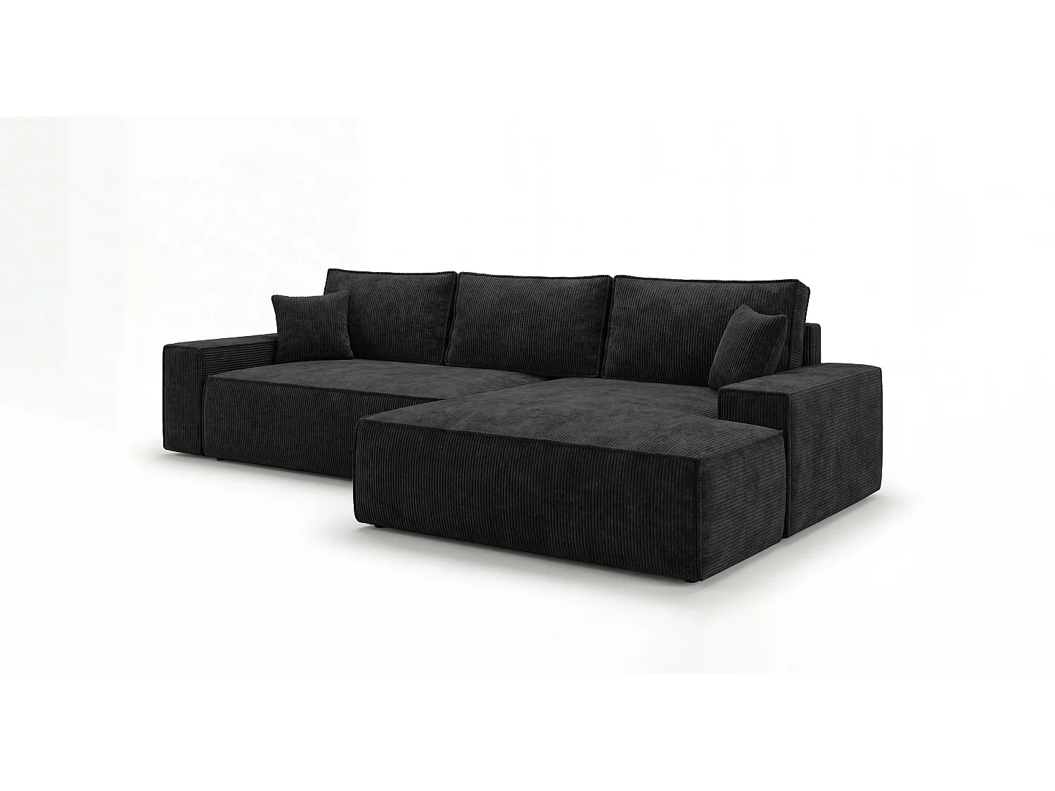 Canapé d'angle VERONA droit noir velours côtelé Poso 135 - fonction couchage, coffre à literie