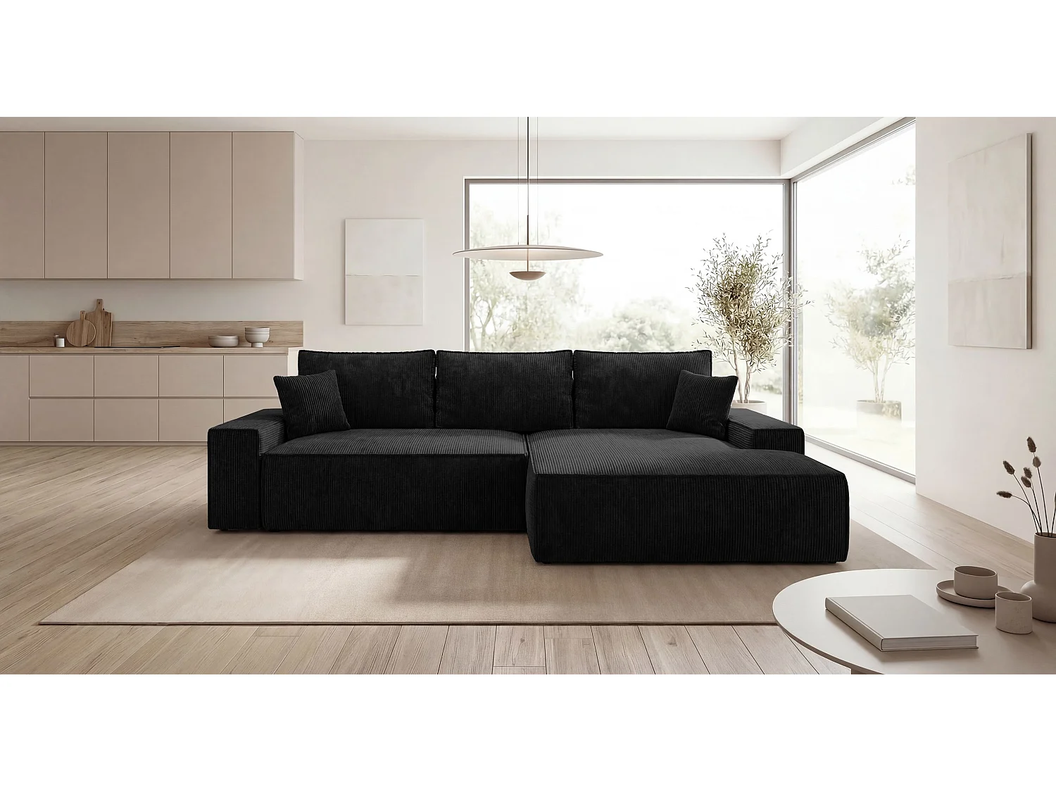 Canapé d'angle VERONA droit noir velours côtelé Poso 135 - fonction couchage, coffre à literie