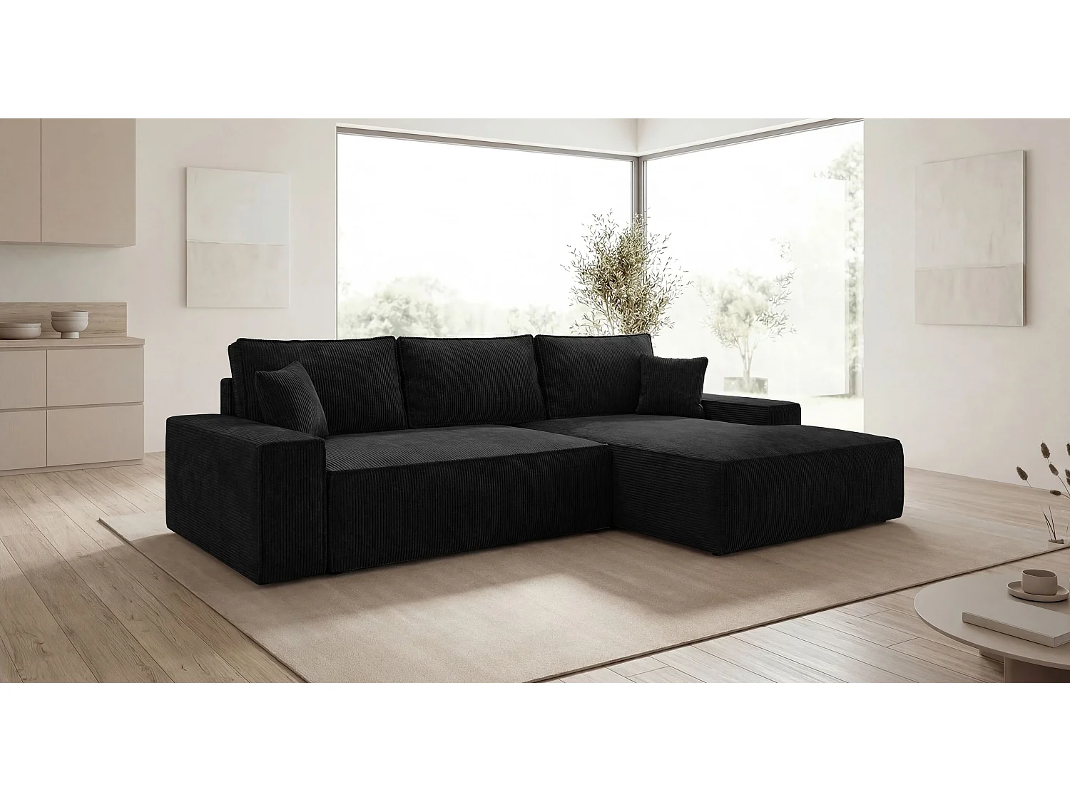 Canapé d'angle VERONA droit noir velours côtelé Poso 135 - fonction couchage, coffre à literie