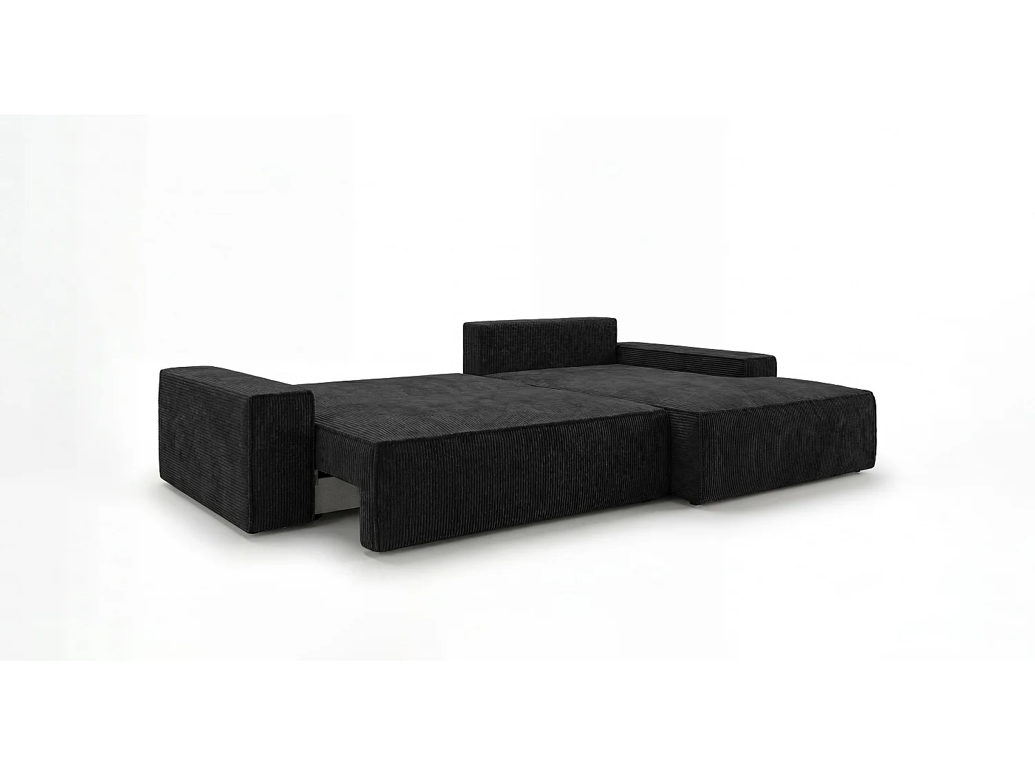 Canapé d'angle VERONA droit noir velours côtelé Poso 135 - fonction couchage, coffre à literie