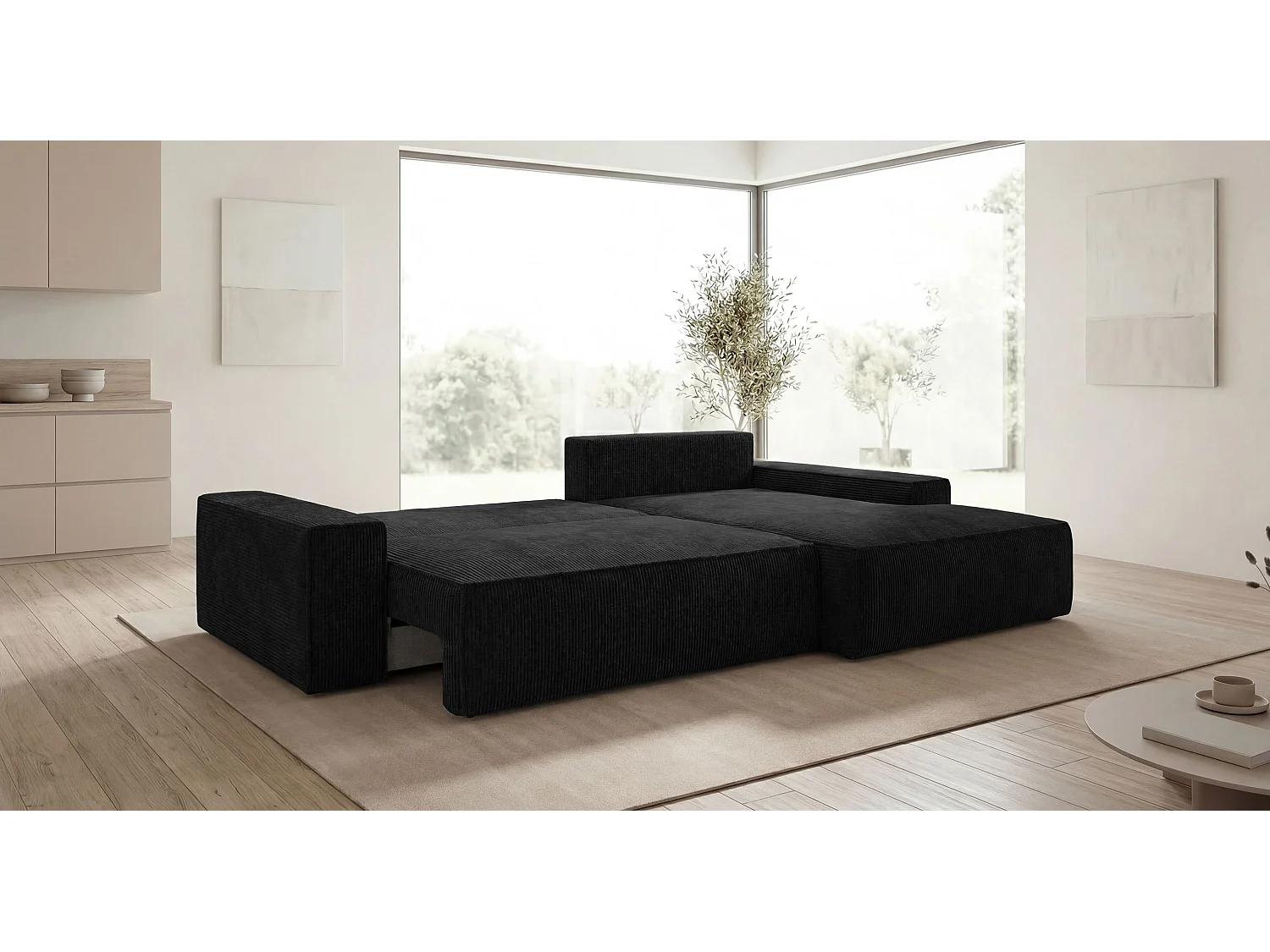 Canapé d'angle VERONA droit noir velours côtelé Poso 135 - fonction couchage, coffre à literie