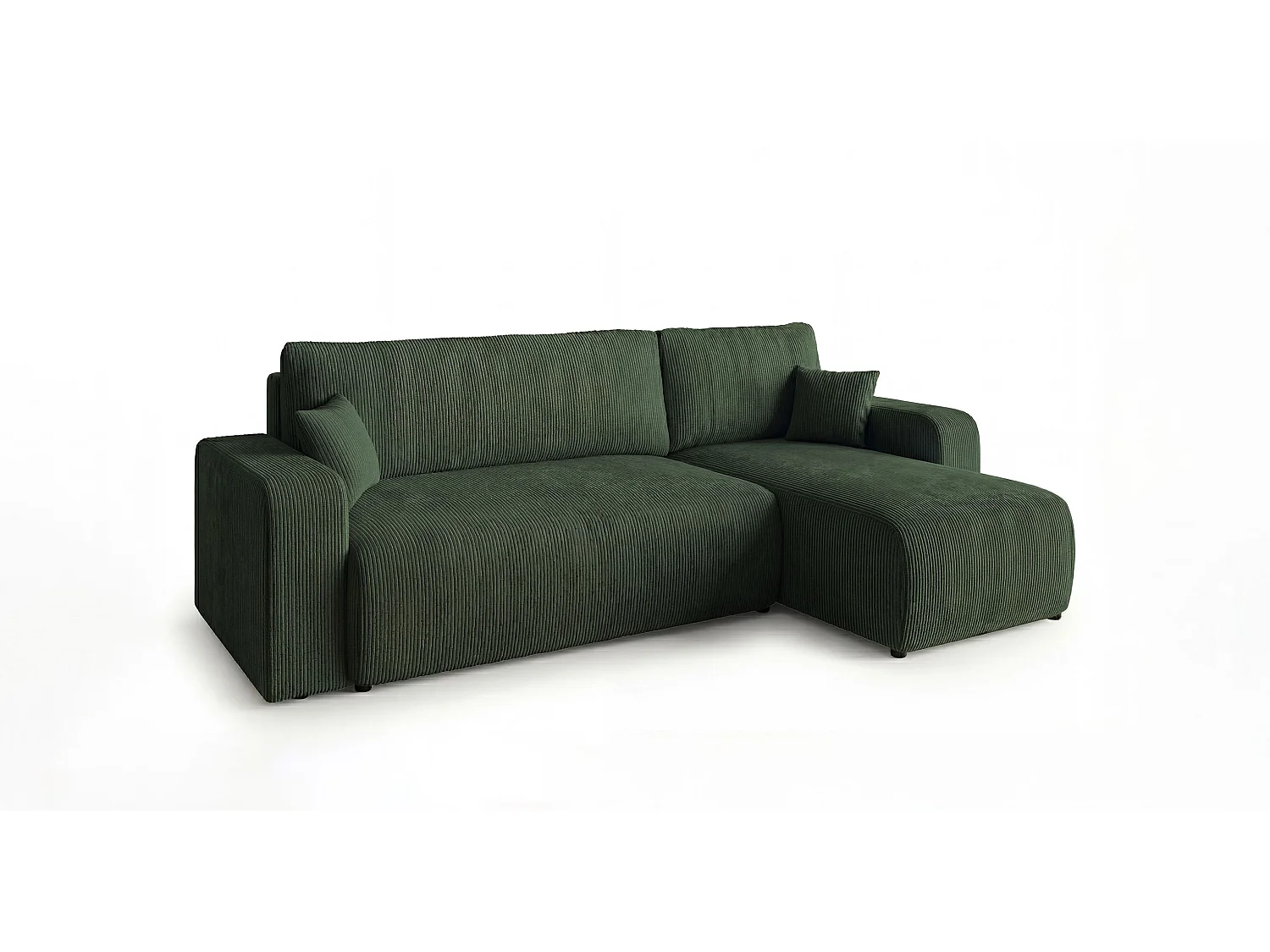 Canapé d'angle PARIS droit vert velours côtelé Poso 14 - fonction couchage, coffre à literie