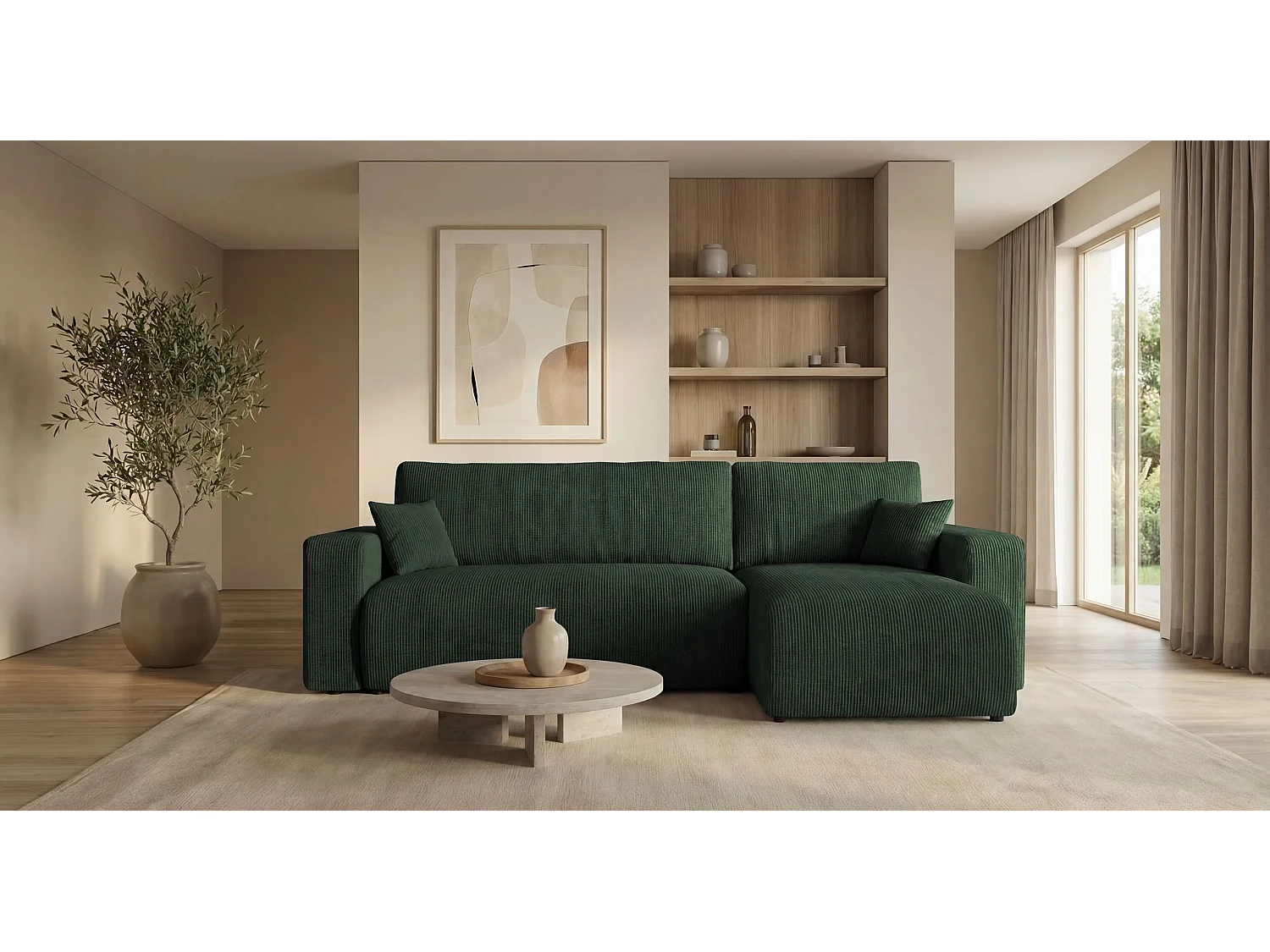 Canapé d'angle PARIS droit vert velours côtelé Poso 14 - fonction couchage, coffre à literie