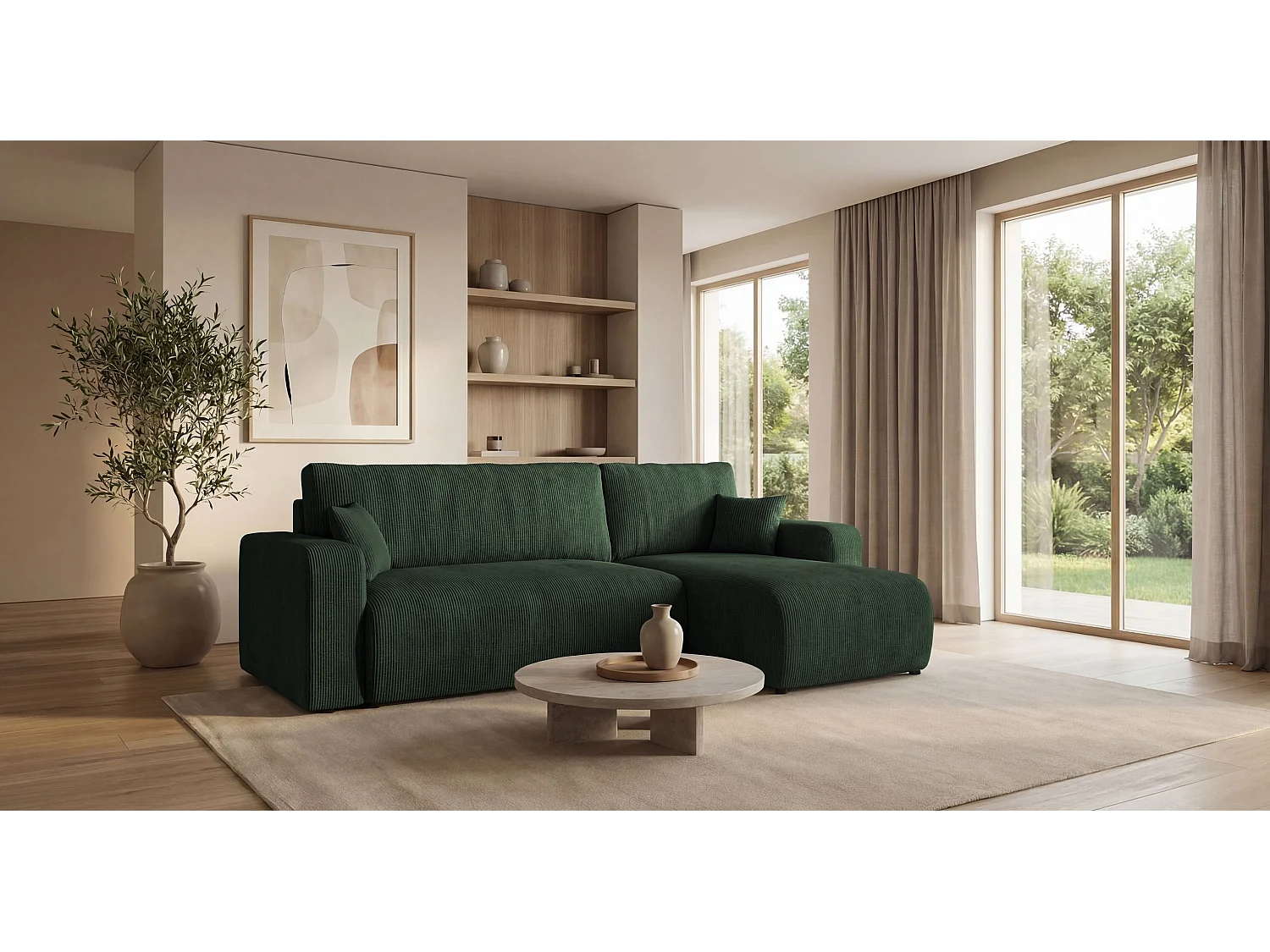 Canapé d'angle PARIS droit vert velours côtelé Poso 14 - fonction couchage, coffre à literie