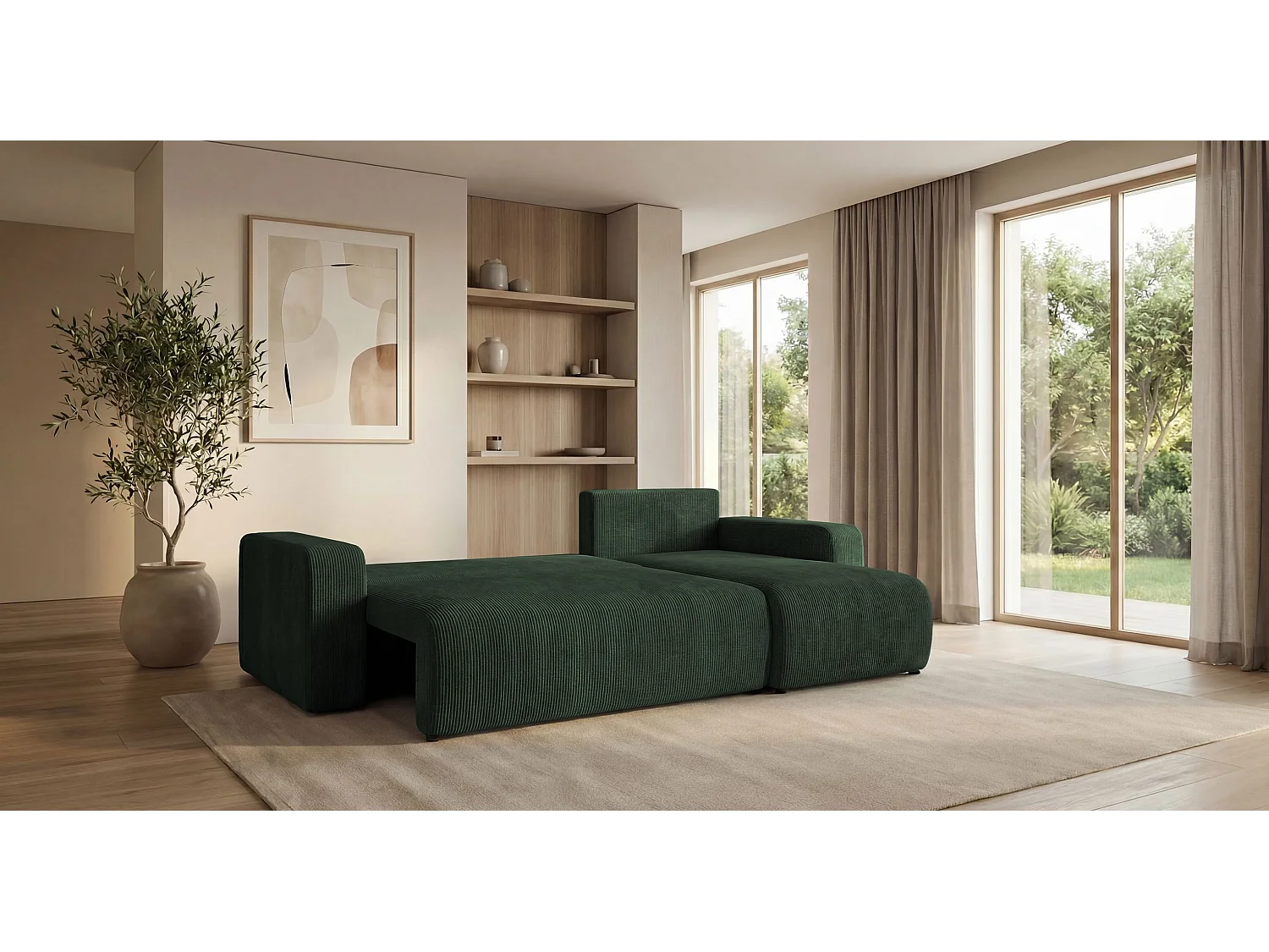 Canapé d'angle PARIS droit vert velours côtelé Poso 14 - fonction couchage, coffre à literie