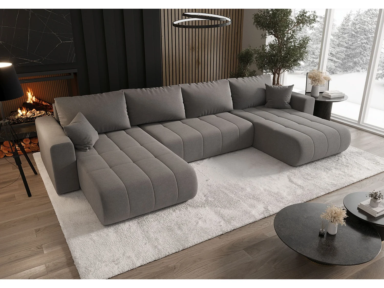 Canapé d'angle LARA en U gris tricot Wind 90 - fonction couchage, coffre à literie