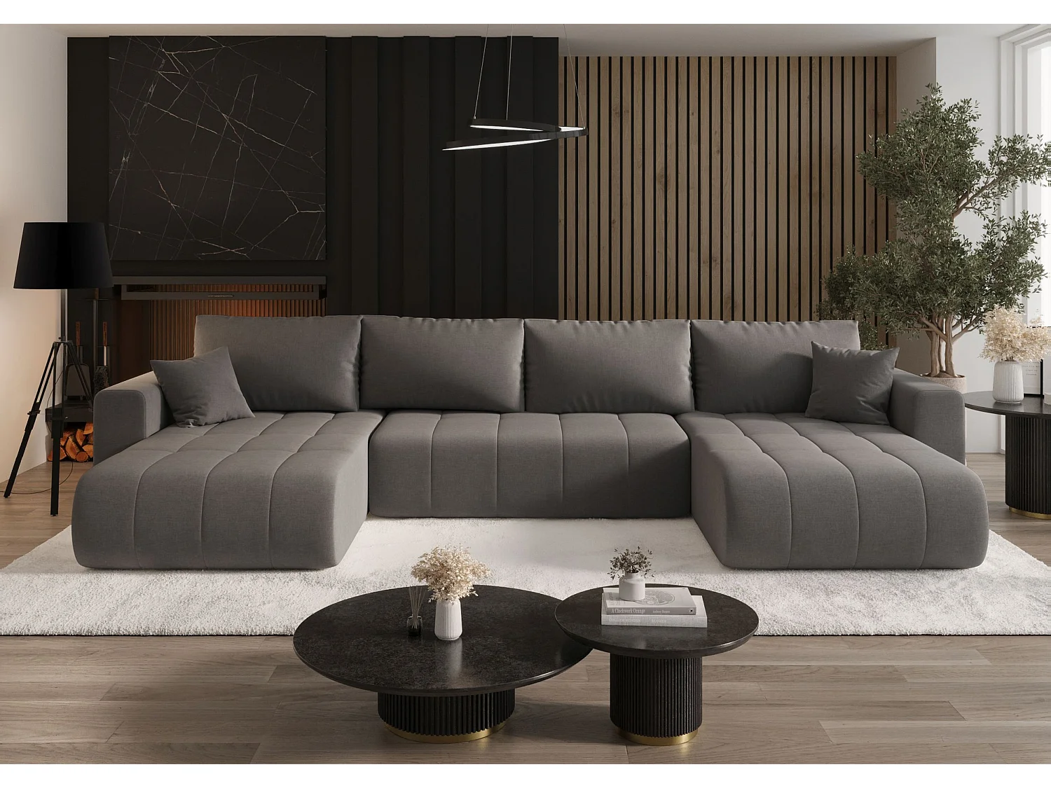 Canapé d'angle LARA en U gris tricot Wind 90 - fonction couchage, coffre à literie