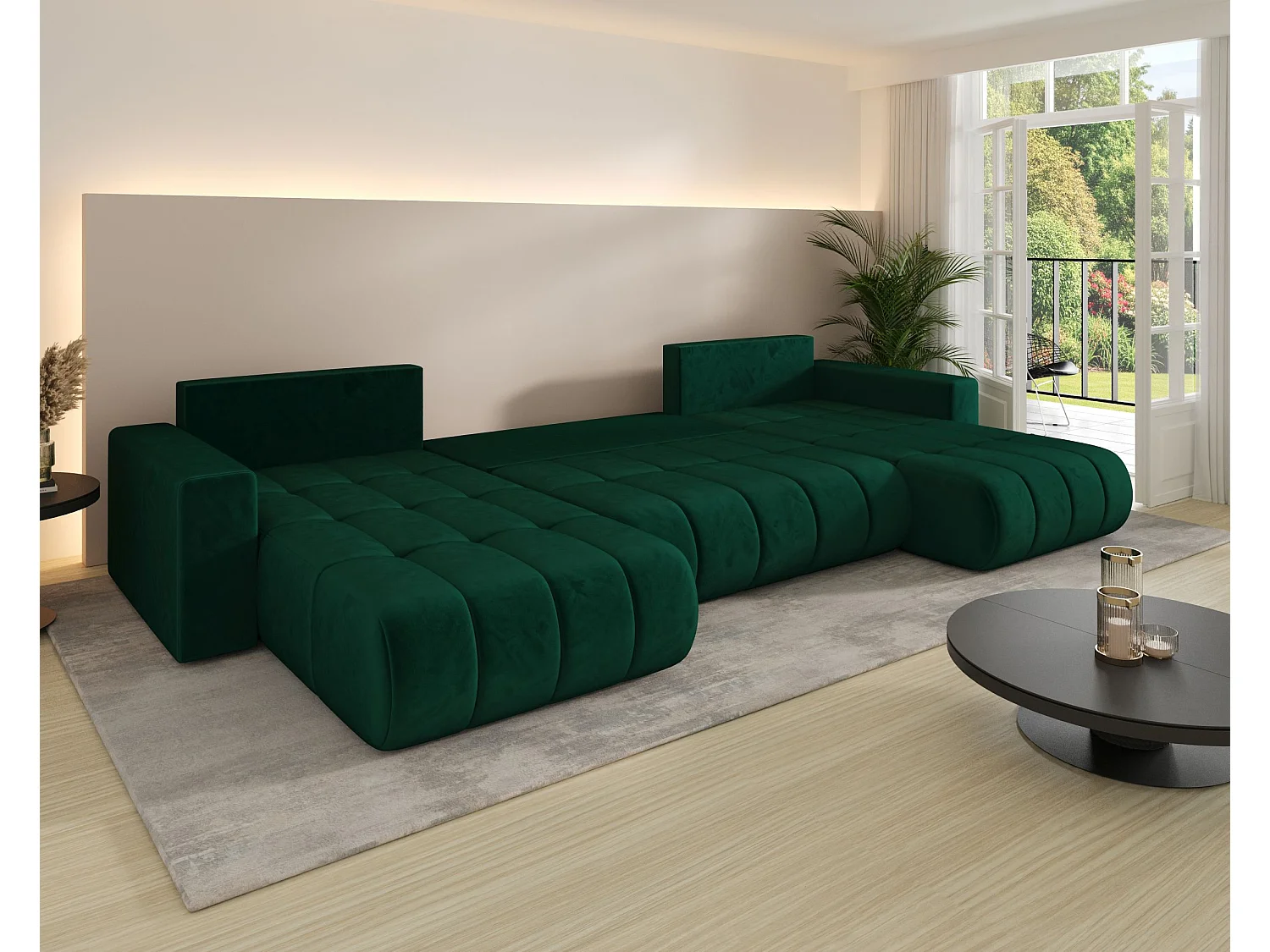 Canapé d'angle LARA en U gris tricot Wind 90 - fonction couchage, coffre à literie