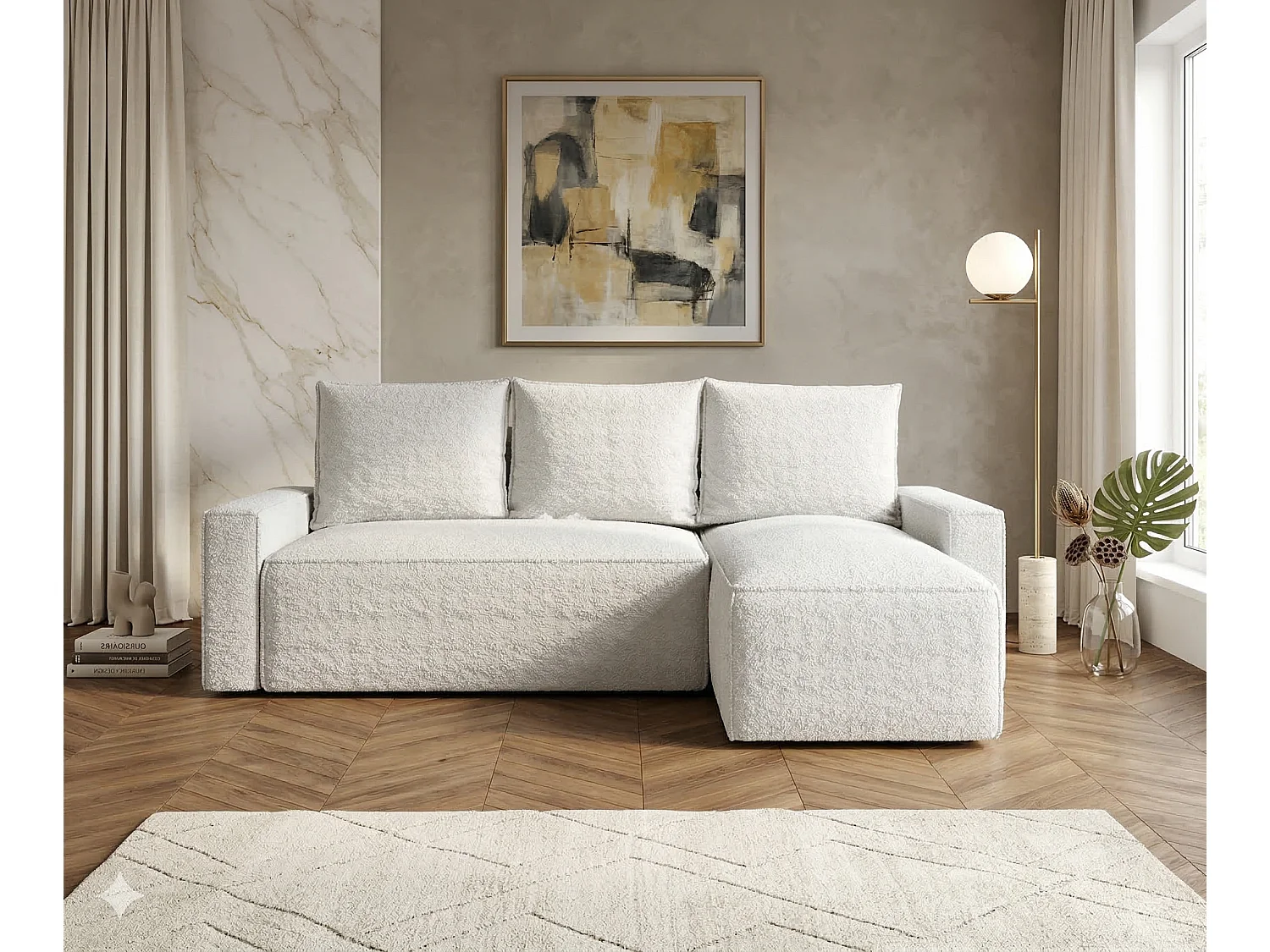 Canapé d'angle droit 3 places convertible avec coffre en tissu gris clair NORE