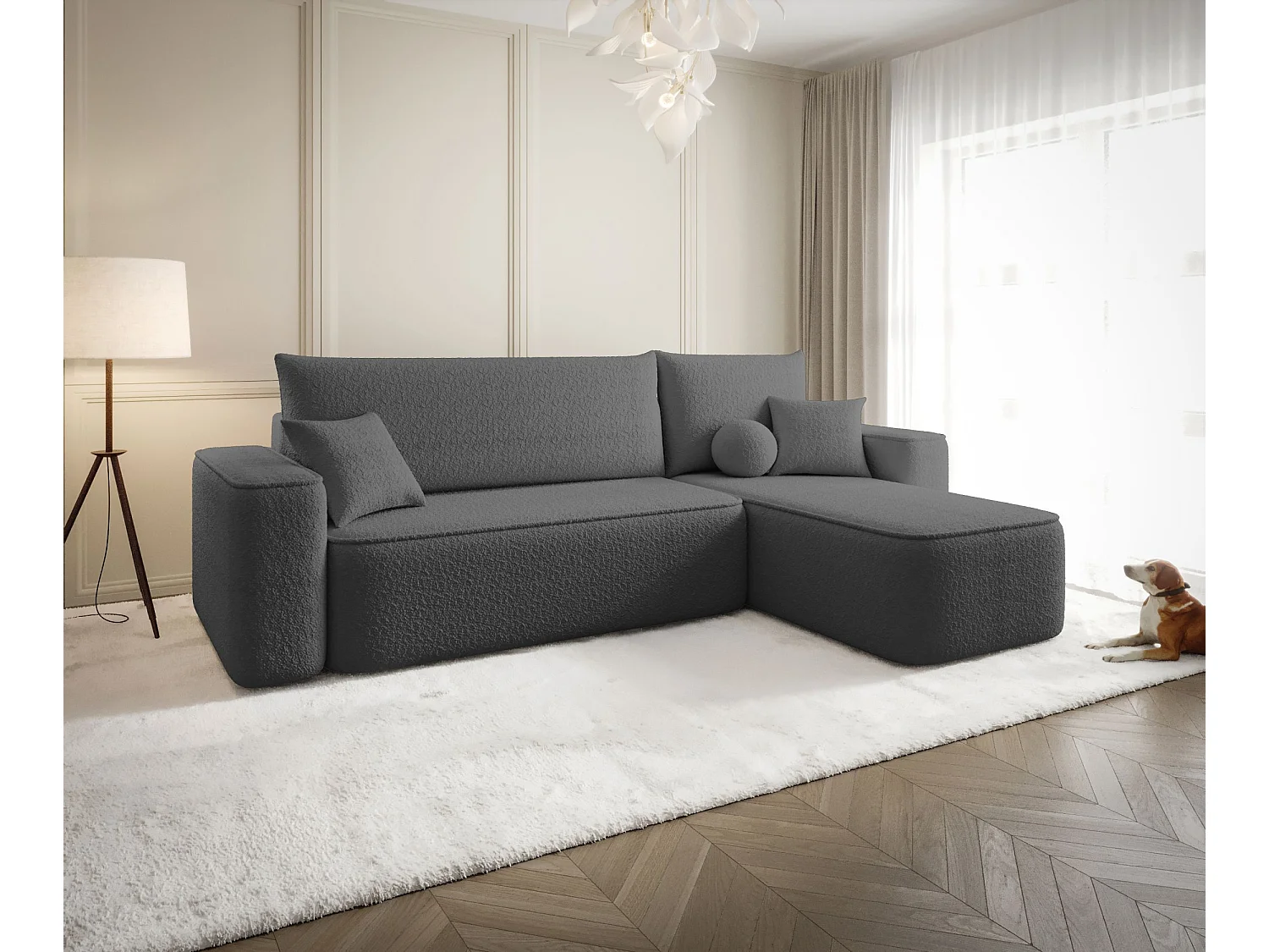 Canapé d'angle TEXAS droit gris foncé Bukle Quelle 92 - fonction couchage, coffre à literie