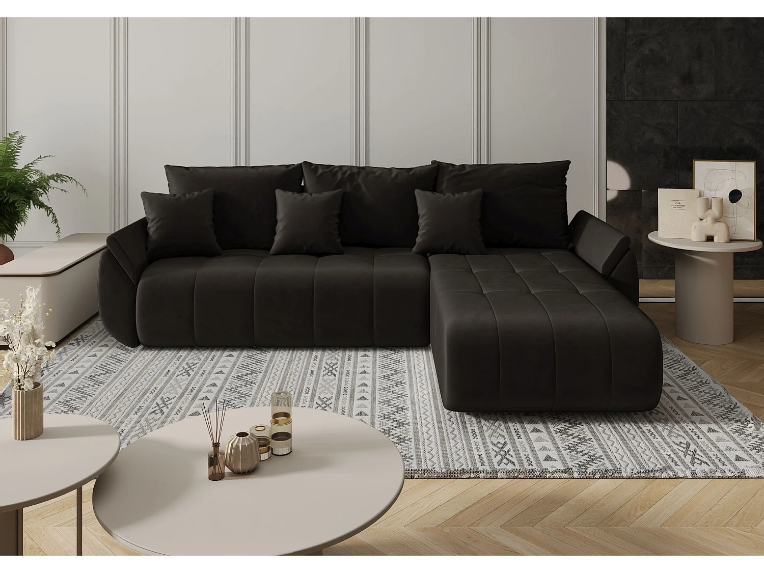 Canapé d'angle SYDNEY droit graphite velours Monolith 95 - fonction couchage, coffre à literie