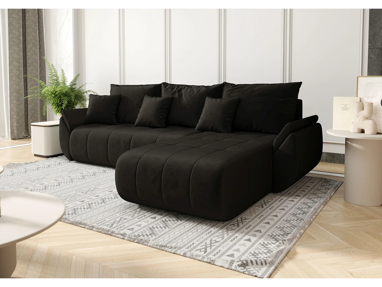 Canapé d'angle SYDNEY droit graphite velours Monolith 95 - fonction couchage, coffre à literie