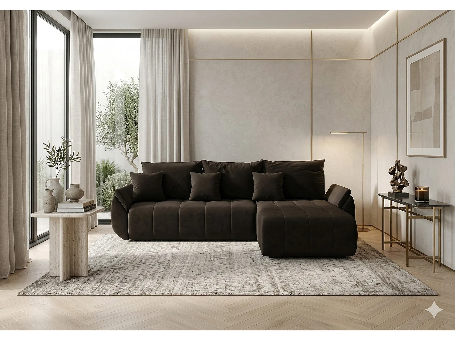Canapé d’angle velours beige convertible avec coffre NOVA-Gris foncé-angle droit