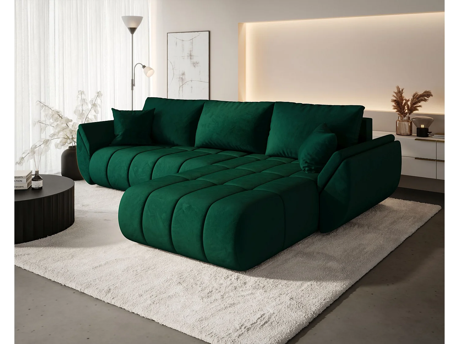 Canapé d'angle SYDNEY PREMIUM droit vert velours Monolith 37 - fonction couchage, coffre à literie