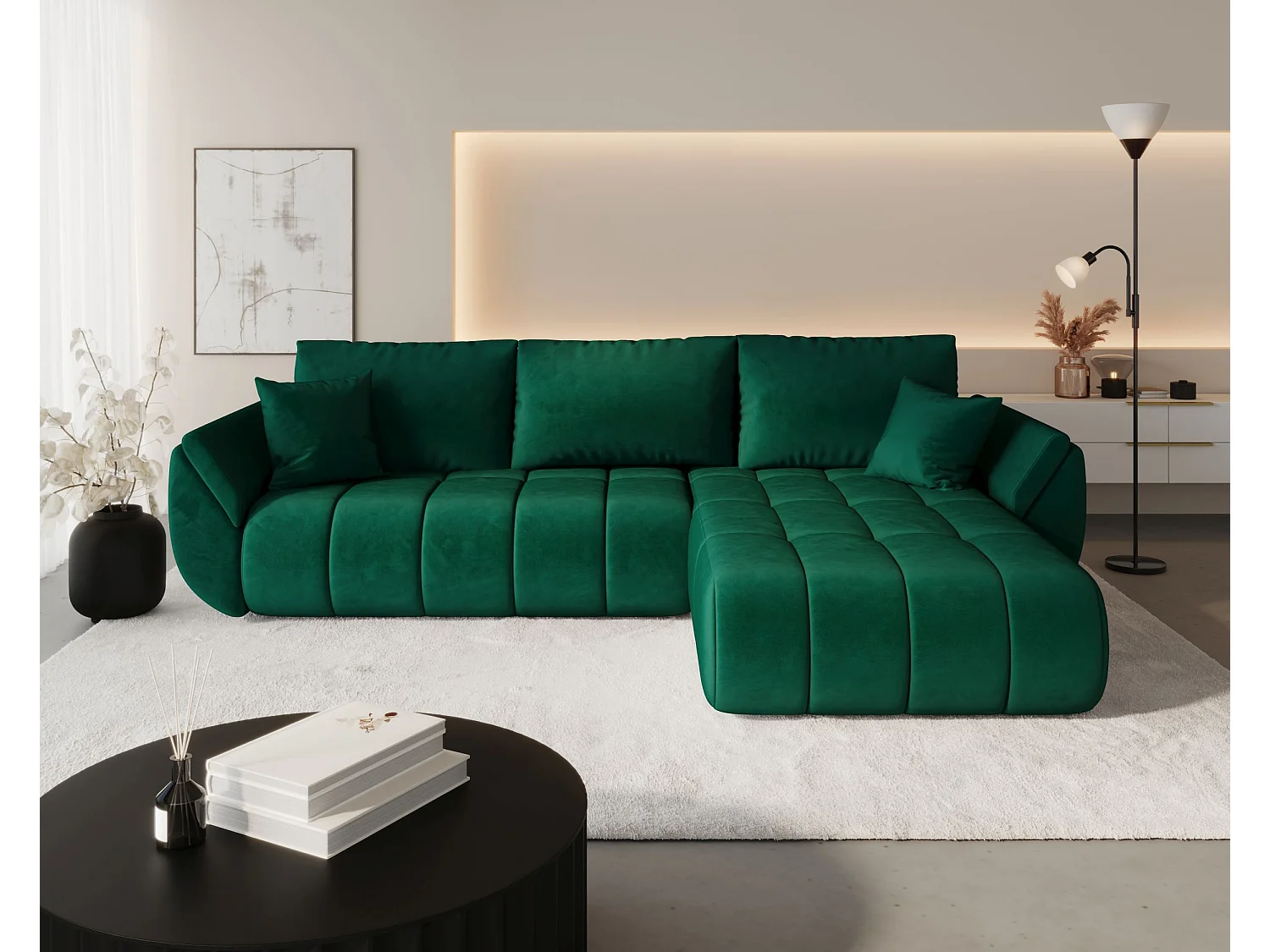 Canapé d'angle SYDNEY PREMIUM droit vert velours Monolith 37 - fonction couchage, coffre à literie