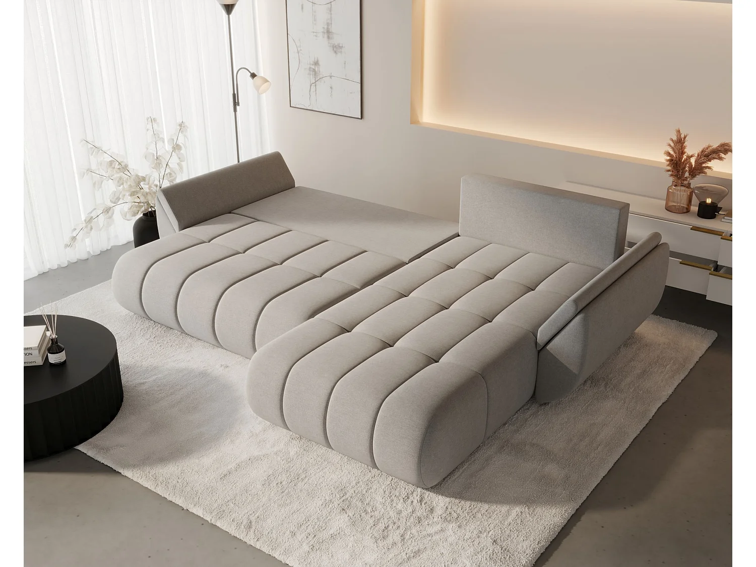 Canapé d'angle SYDNEY PREMIUM droit vert velours Monolith 37 - fonction couchage, coffre à literie