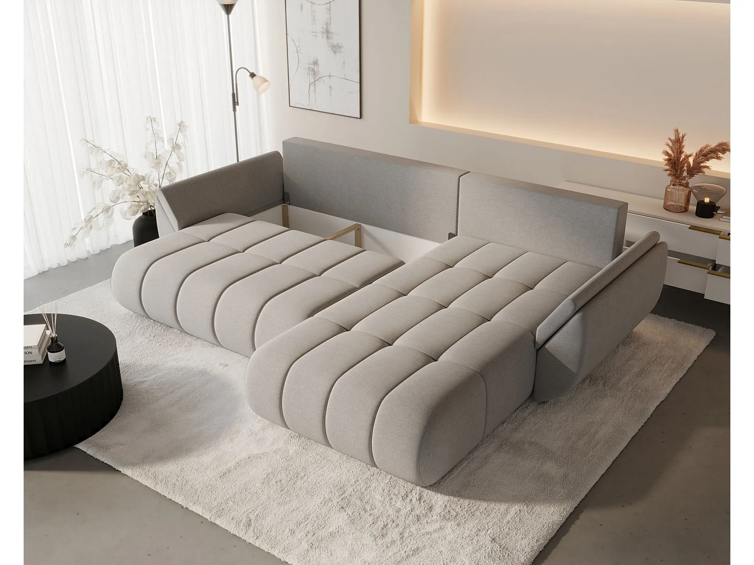 Canapé d'angle SYDNEY PREMIUM droit vert velours Monolith 37 - fonction couchage, coffre à literie