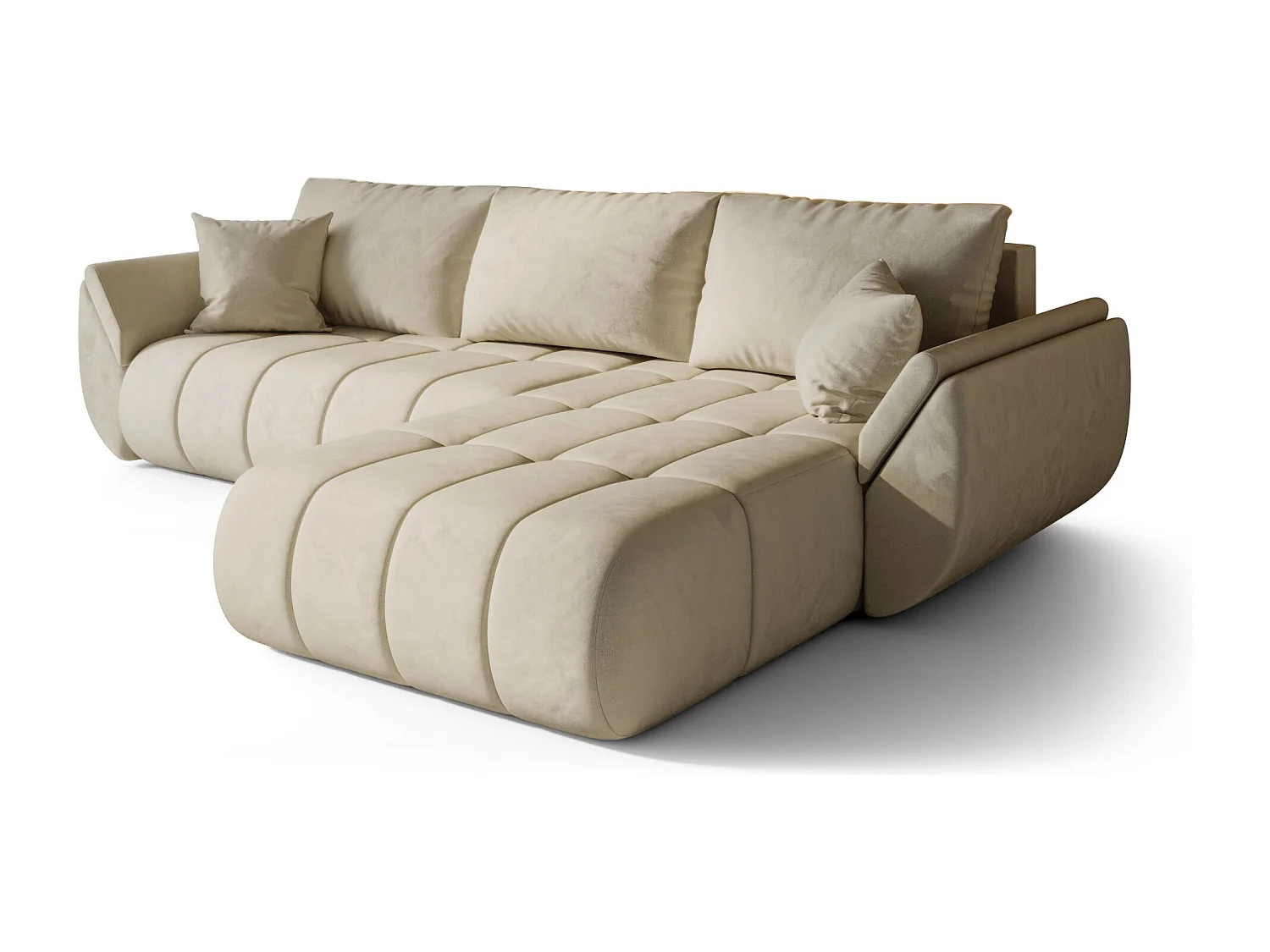 Canapé d'angle SYDNEY PREMIUM droit beige velours Monolith 2 - fonction couchage, coffre à literie