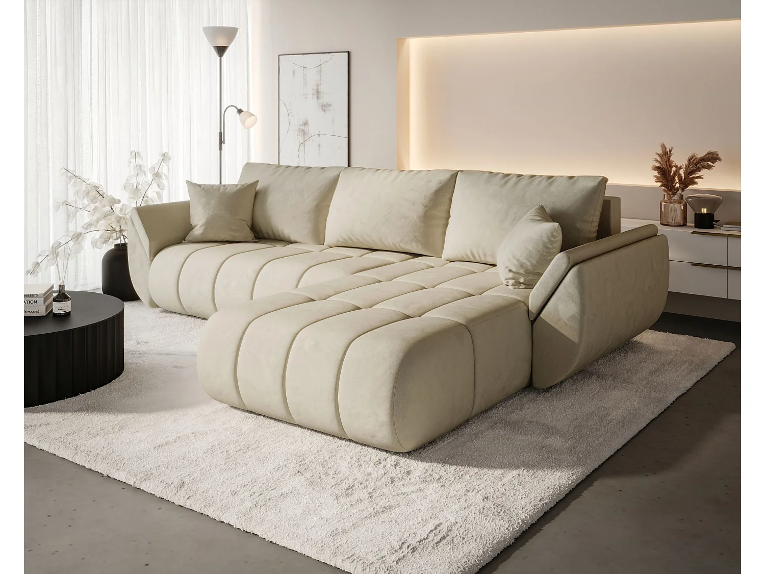 Canapé d'angle SYDNEY PREMIUM droit beige velours Monolith 2 - fonction couchage, coffre à literie