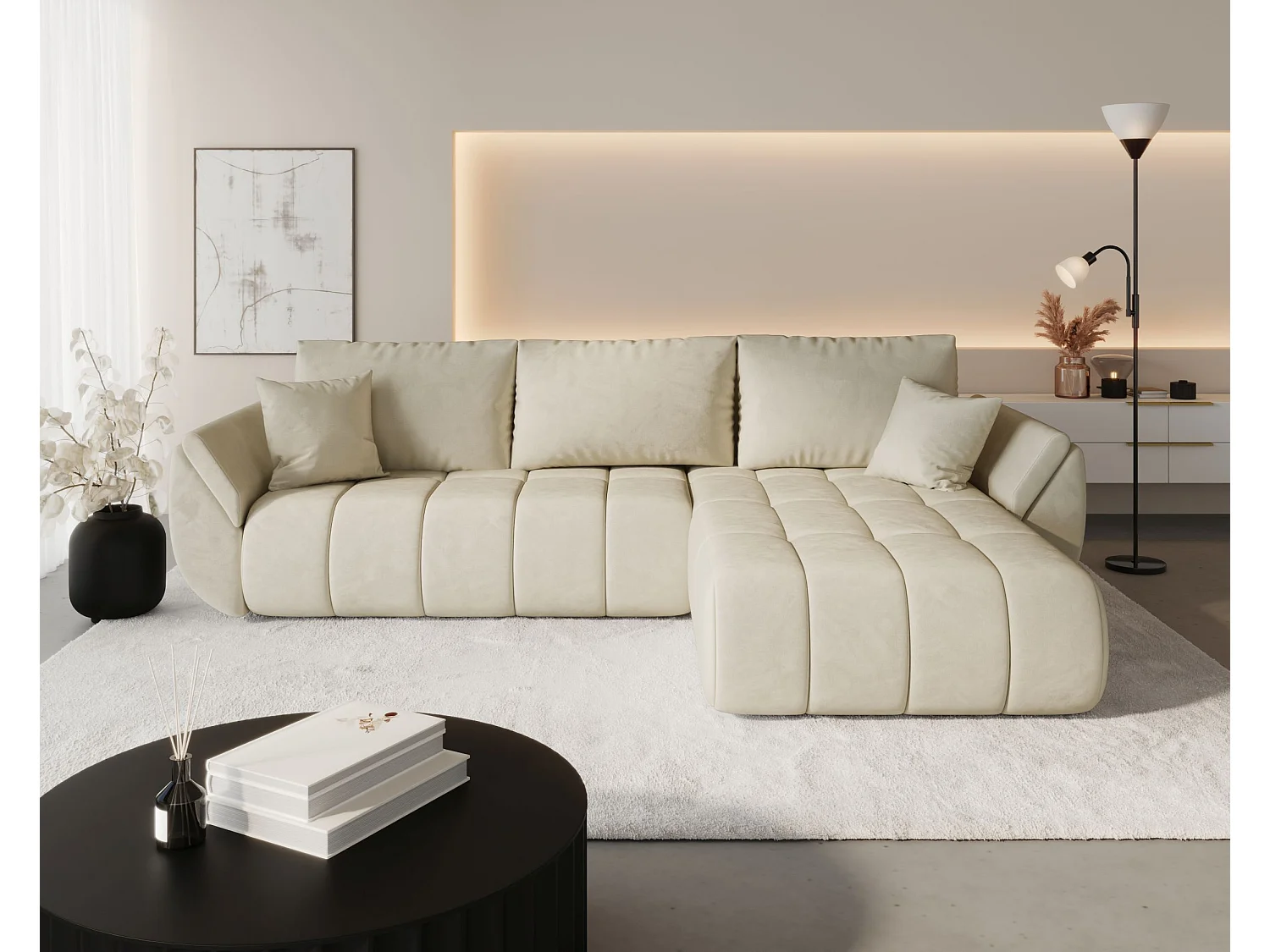 Canapé d'angle SYDNEY PREMIUM droit beige velours Monolith 2 - fonction couchage, coffre à literie