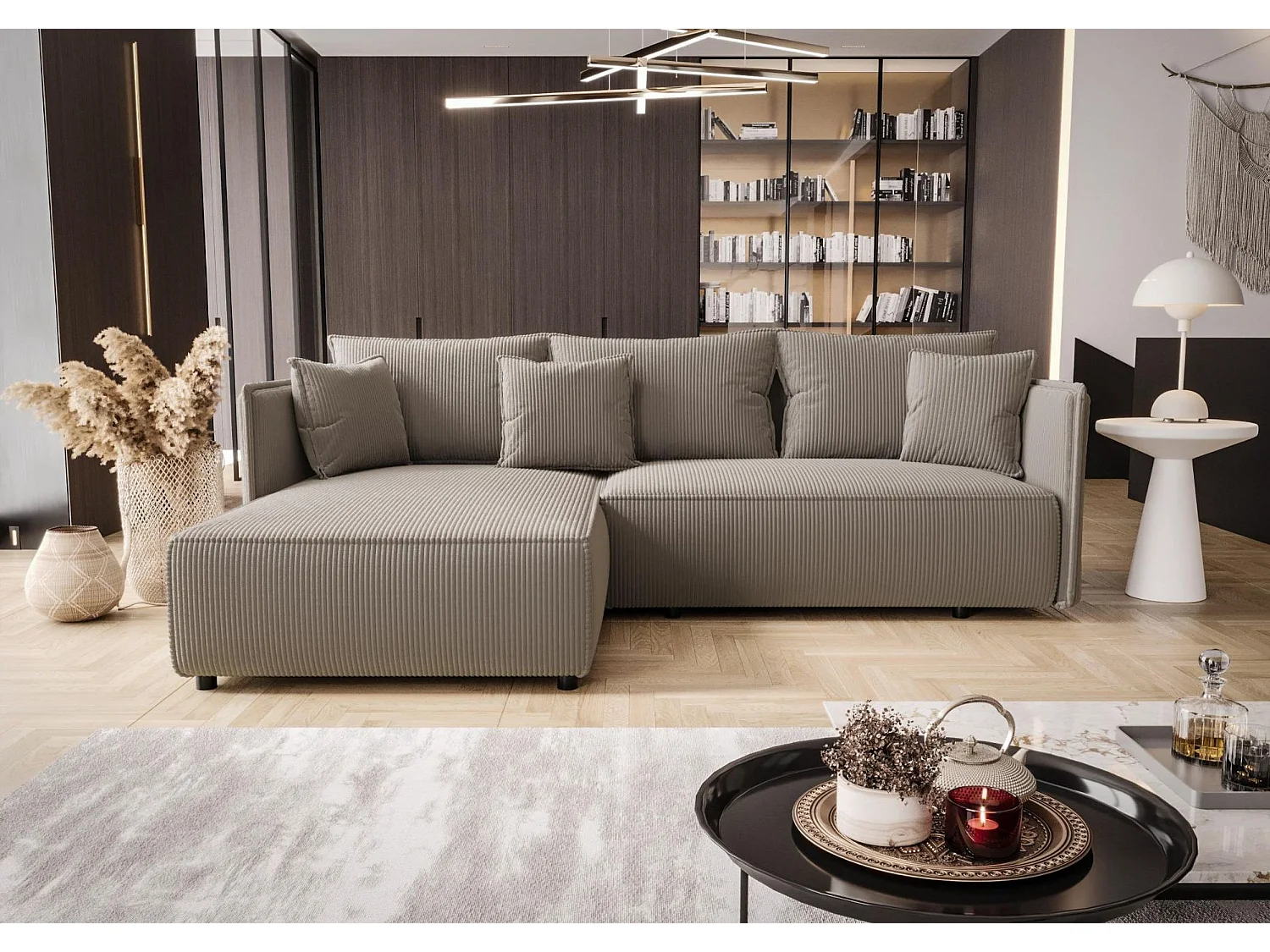 Canapé d'angle MILANO gauche brun clair velours côtelé Poso 3 - fonction couchage, coffre à literie