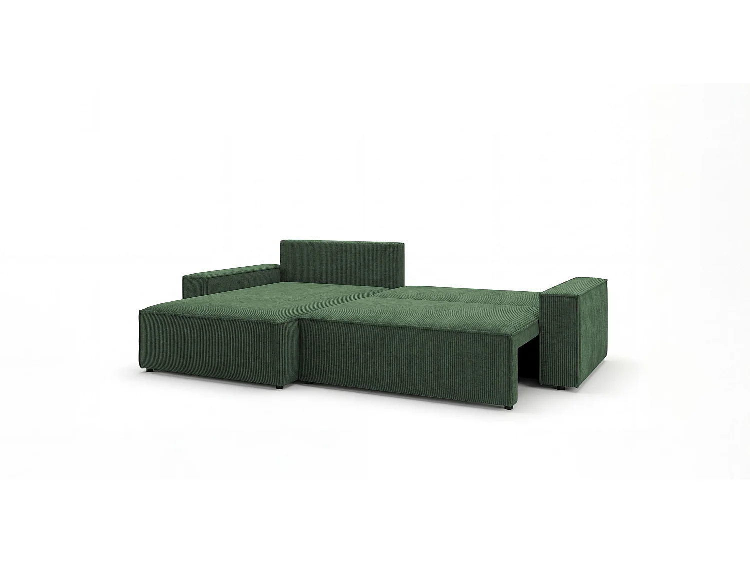 Canapé d'angle VIENNA gauche vert velours côtelé Poso 14 - fonction couchage, coffre à literie
