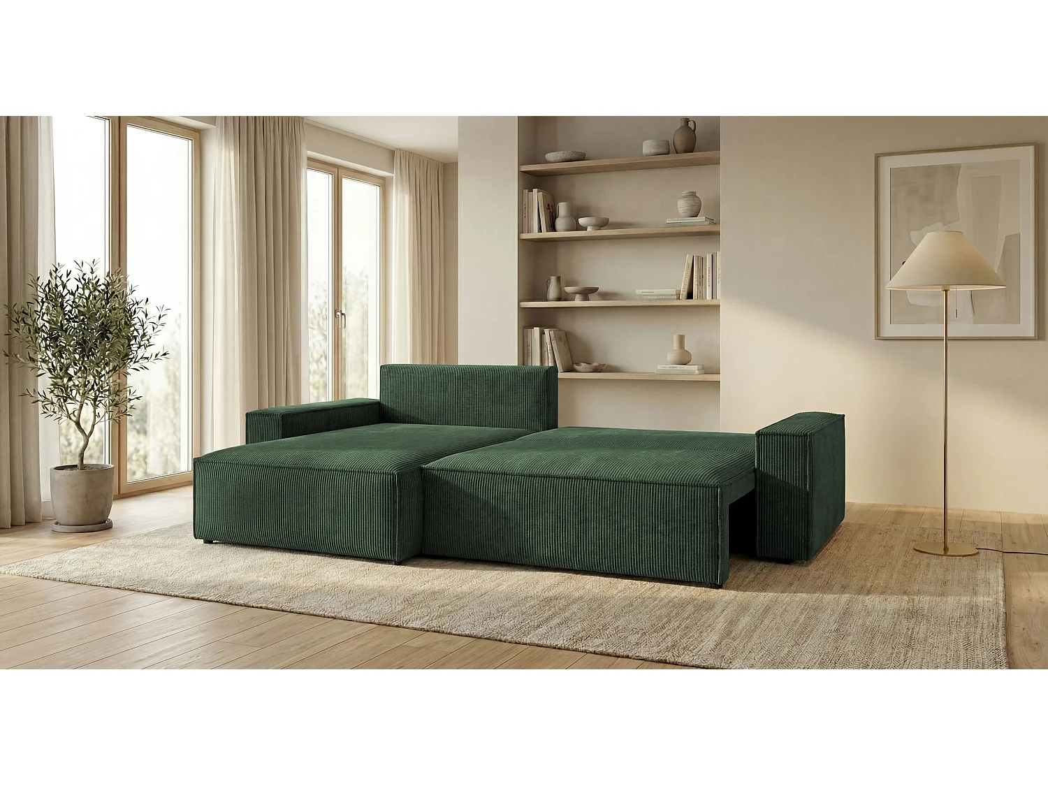 Canapé d'angle VIENNA gauche vert velours côtelé Poso 14 - fonction couchage, coffre à literie