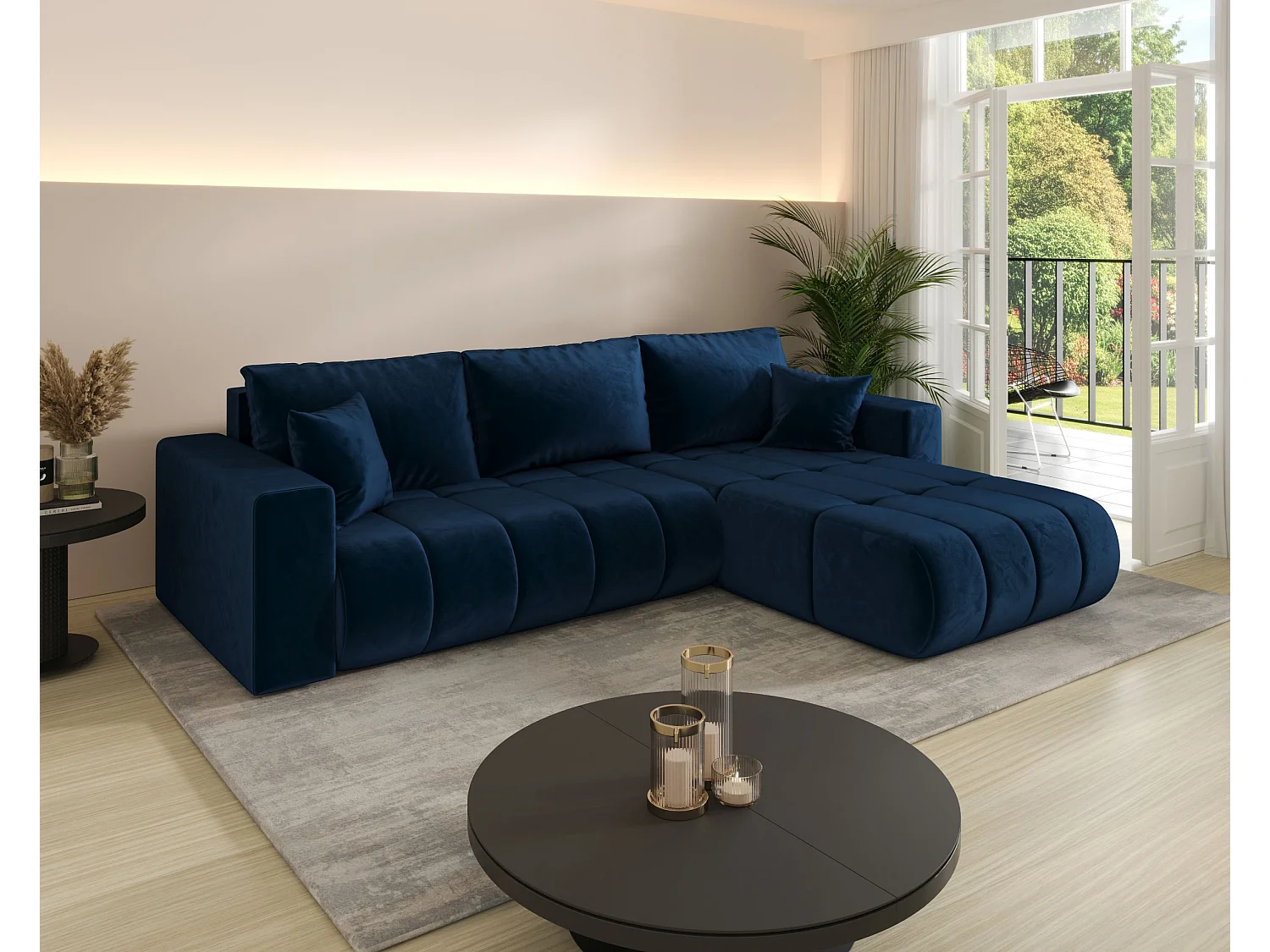 Canapé d'angle LARA PREMIUM droit bleu foncé velours Monolith 77 - fonction couchage, coffre à literie