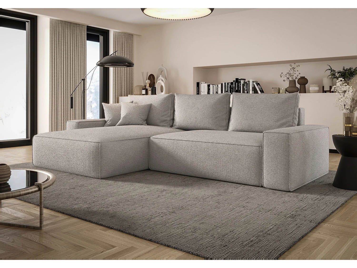 Canapé d'angle CALIFORNIA gauche gris clair tricot Aragon 80 - fonction couchage, coffre à literie