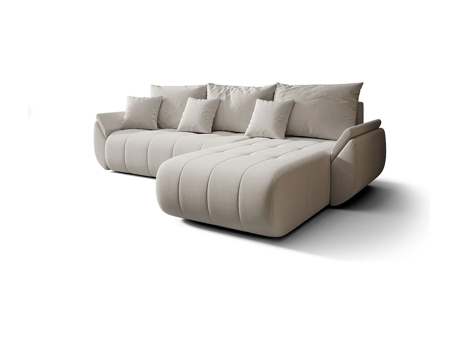 Canapé d'angle SYDNEY droit beige clair tricot Wind 5 - fonction couchage, coffre à literie