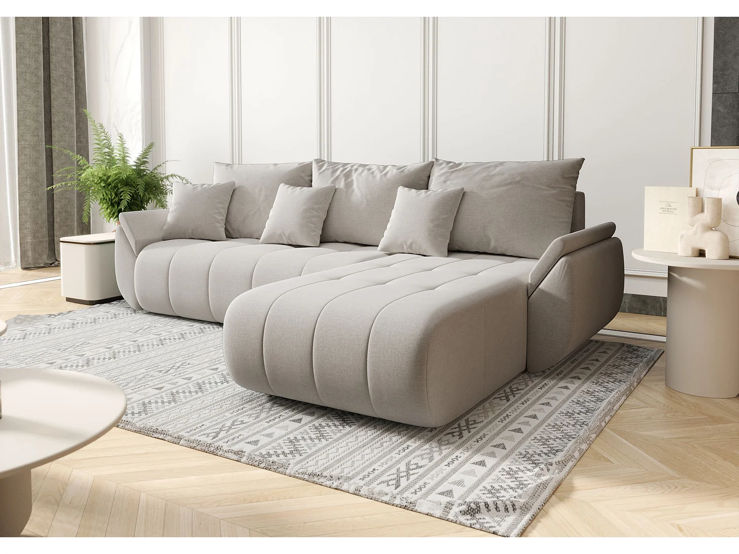 Canapé d'angle SYDNEY droit beige clair tricot Wind 5 - fonction couchage, coffre à literie