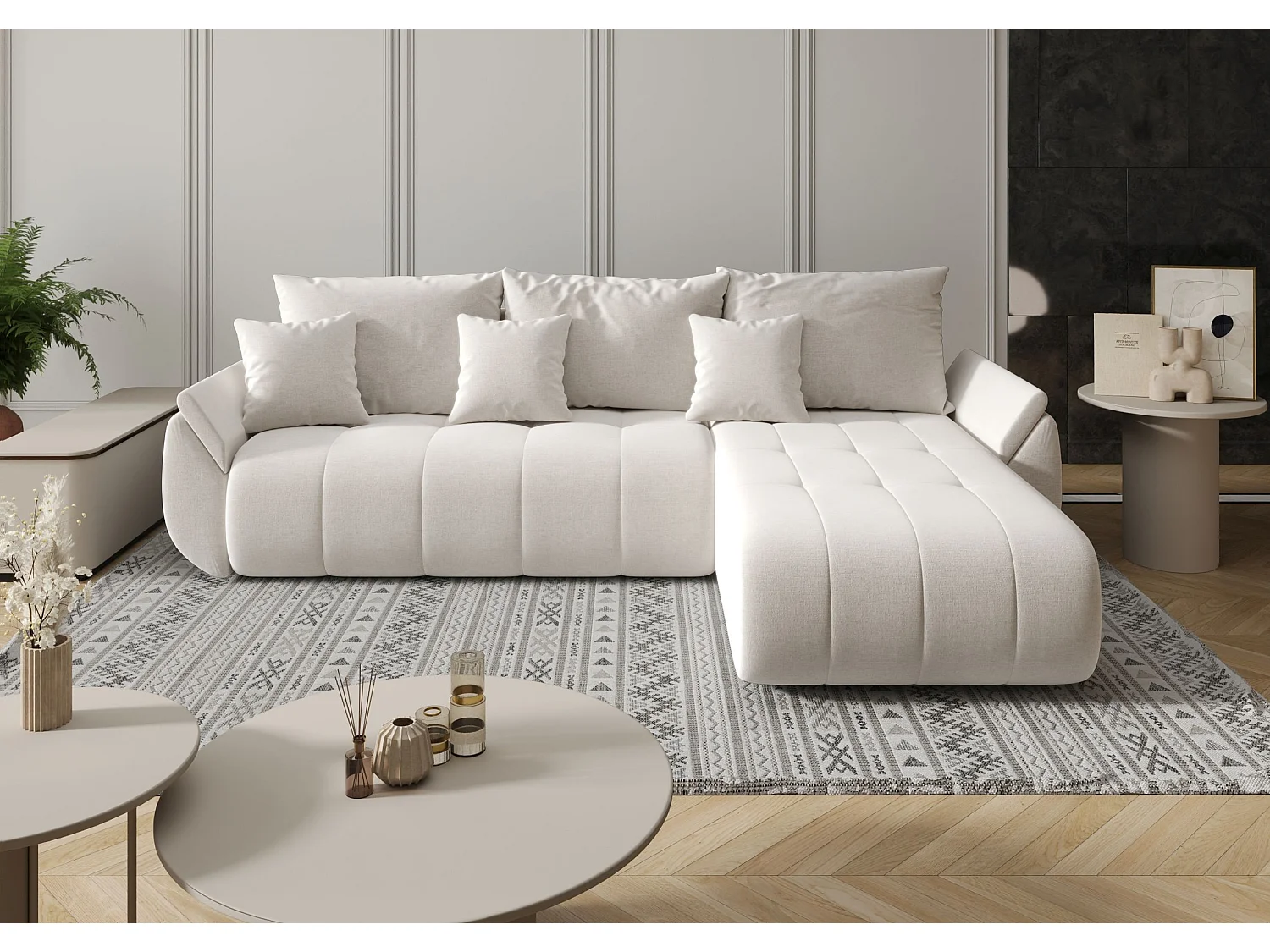 Canapé d'angle SYDNEY droit beige clair tricot Wind 5 - fonction couchage, coffre à literie