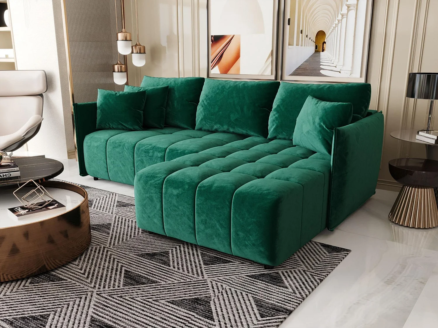 Canapé d'angle CHICAGO droit vert velours Monolith 37 - fonction couchage, coffre à literie