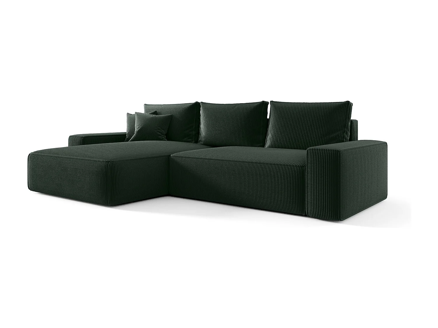 Canapé d'angle CALIFORNIA gauche vert velours côtelé Poso 14 - fonction couchage, coffre à literie