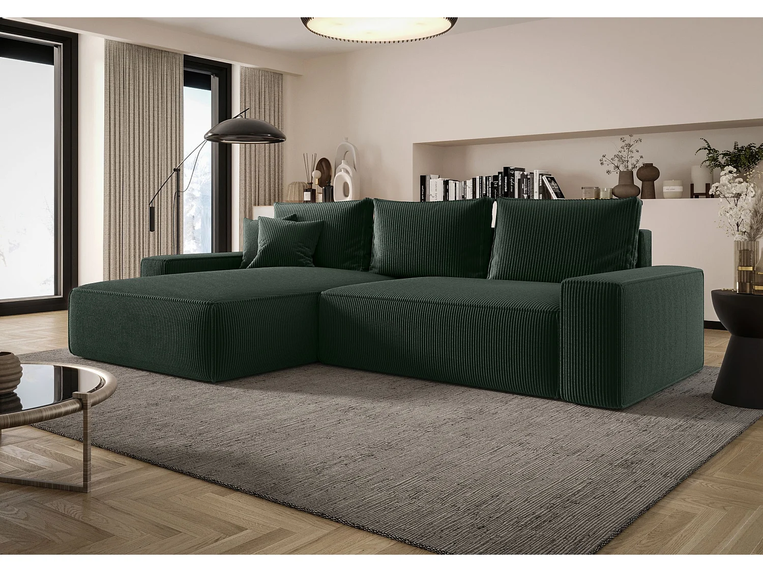 Canapé d'angle CALIFORNIA gauche vert velours côtelé Poso 14 - fonction couchage, coffre à literie
