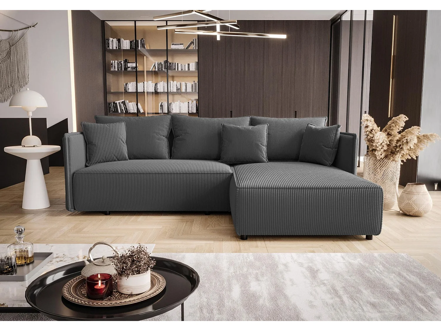 Canapé d'angle MILANO droit gris foncé velours côtelé Poso 60 - fonction couchage, coffre à literie