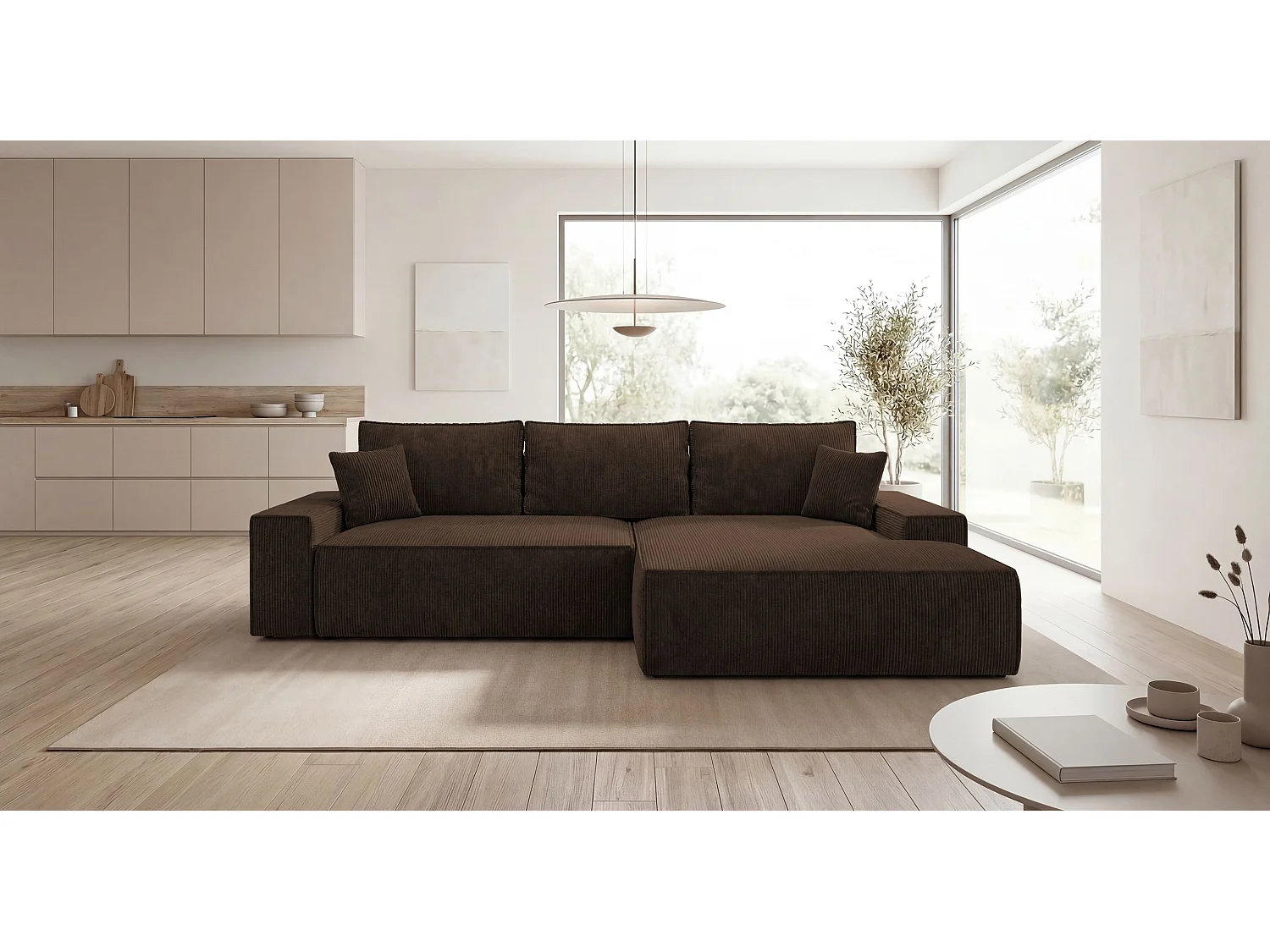 Canapé d'angle VERONA droit marron velours côtelé Poso 6 - fonction couchage, coffre à literie
