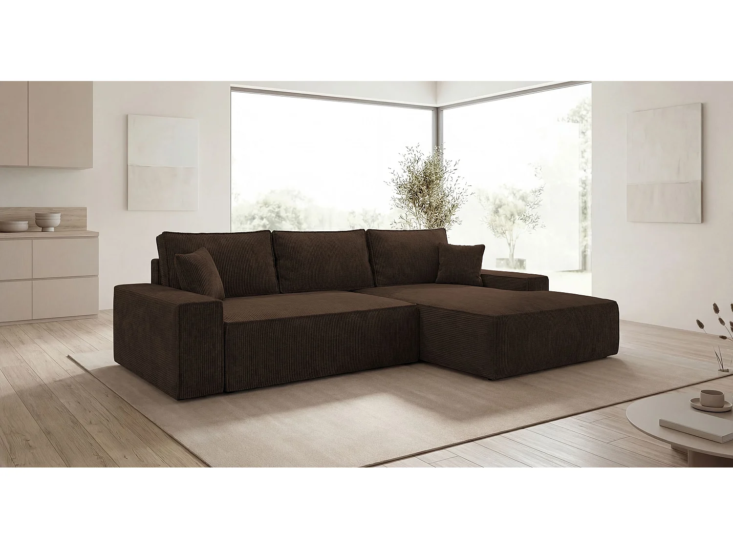 Canapé d'angle VERONA droit marron velours côtelé Poso 6 - fonction couchage, coffre à literie