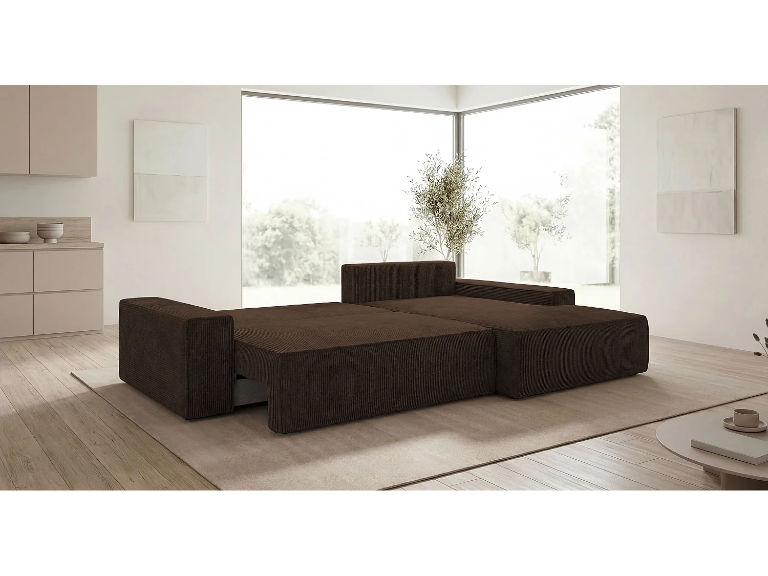 Canapé d'angle VERONA droit marron velours côtelé Poso 6 - fonction couchage, coffre à literie