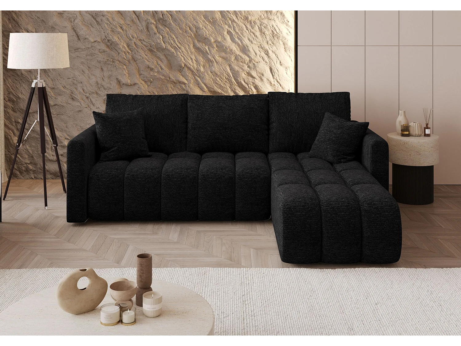 Canapé d'angle GARDA droit noir tricot Aragon 99 - fonction couchage, coffre à literie