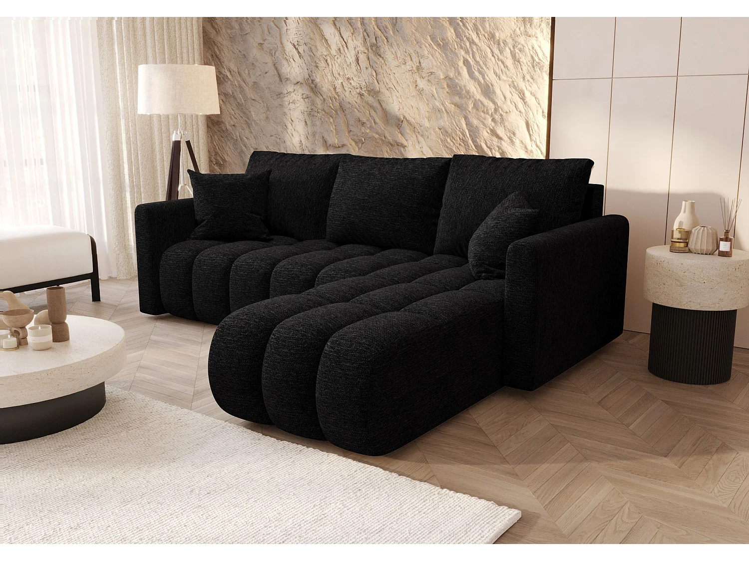 Canapé d'angle GARDA droit noir tricot Aragon 99 - fonction couchage, coffre à literie