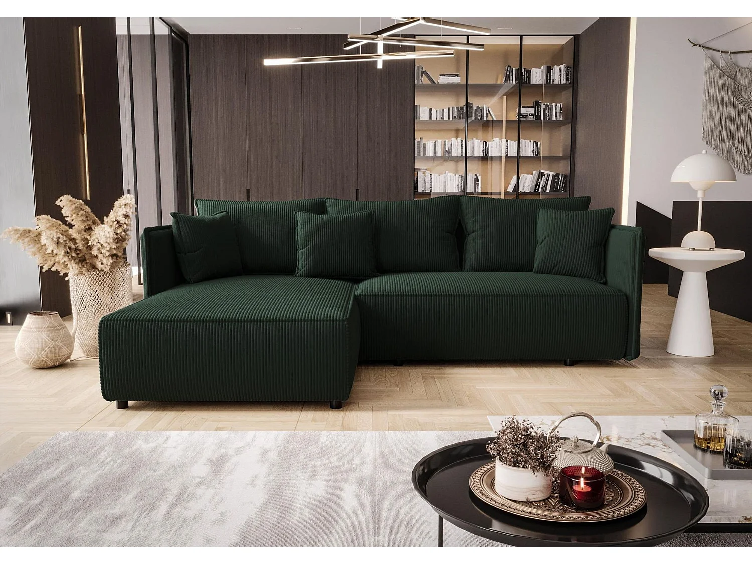Canapé d'angle MILANO gauche vert velours côtelé Poso 14 - fonction couchage, coffre à literie
