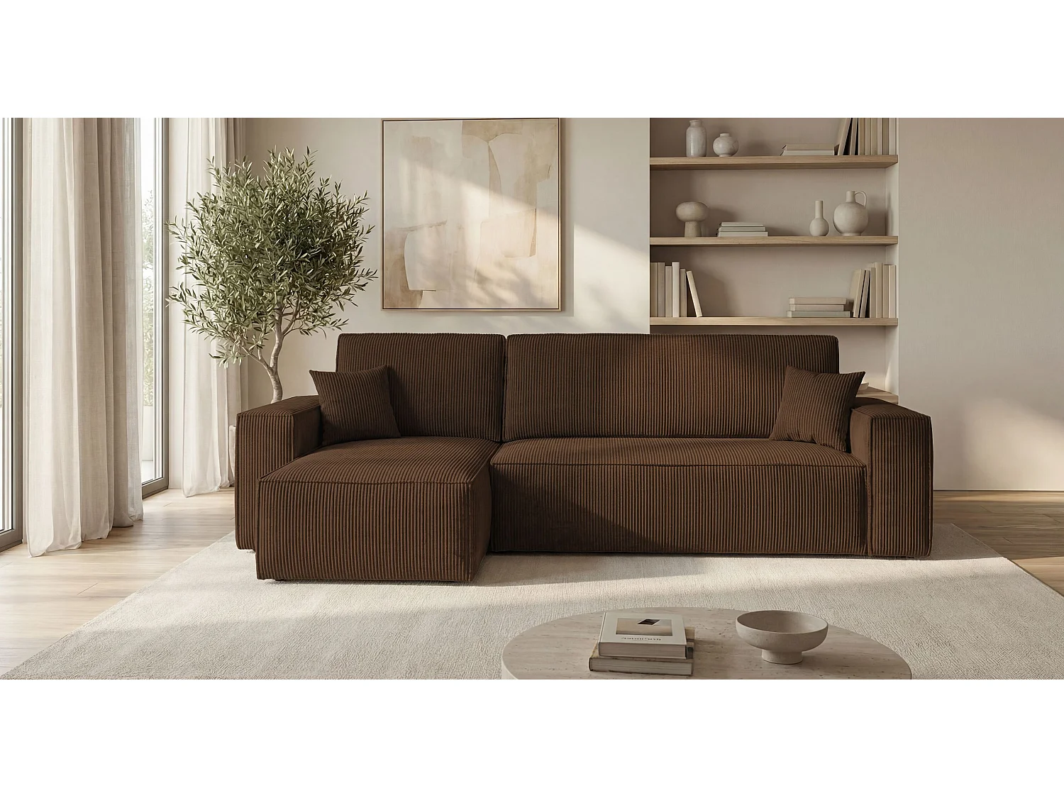 Canapé d'angle CALIFORNIA MINI gauche marron velours côtelé Poso 6 - fonction couchage, coffre à literie